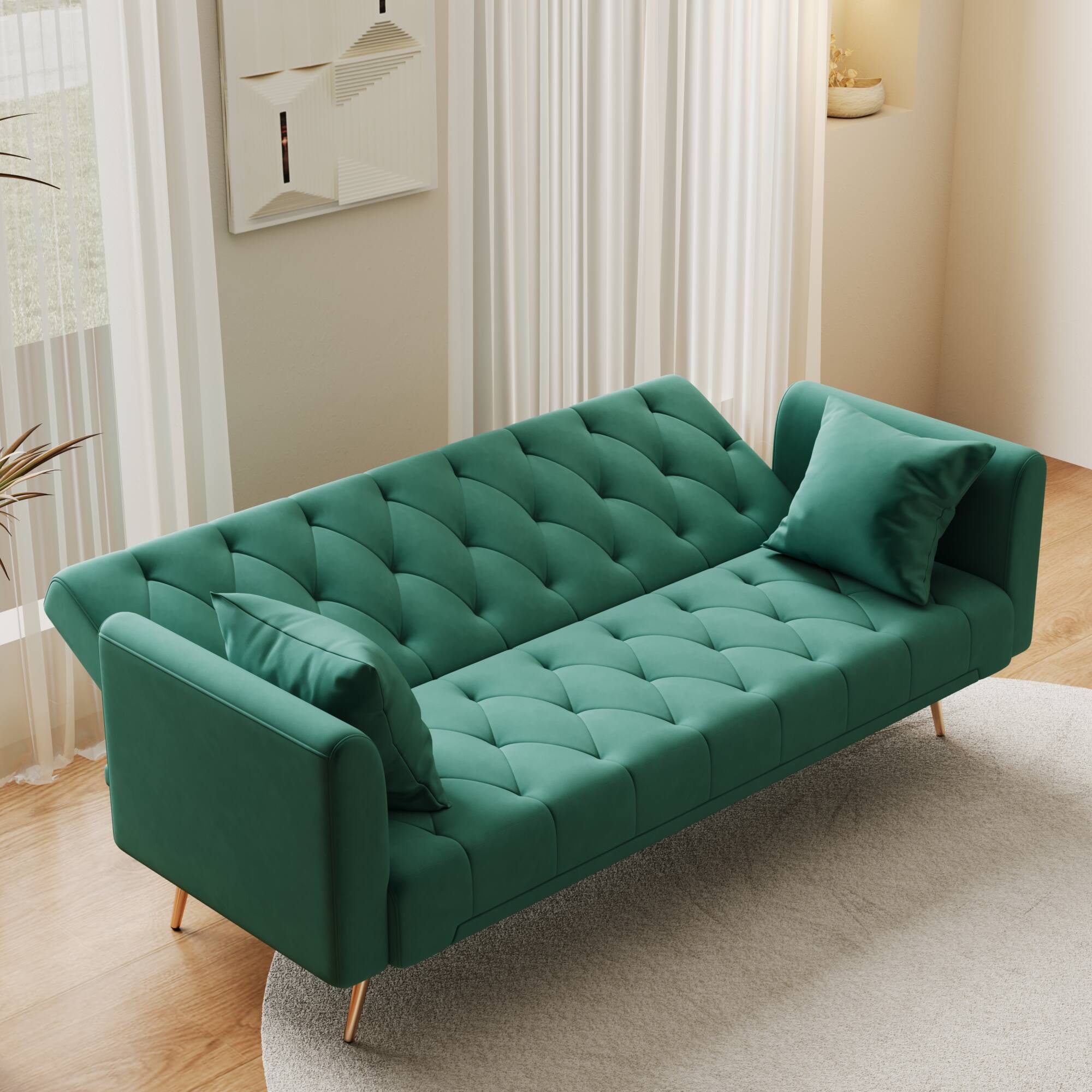 Alt View 2. GOODSILO - Convertible Velvet Sofa Bed with Adjustable Backrest for Small Spaces, Living Room and Office Use - Green.