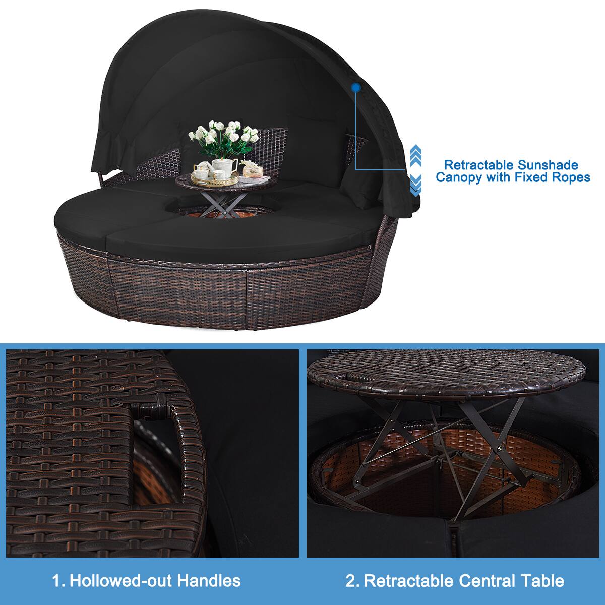 1. Hollowed-out Handles  
2. Retractable Central Table  

Retractable Sunshade Canopy with Fixed Ropes