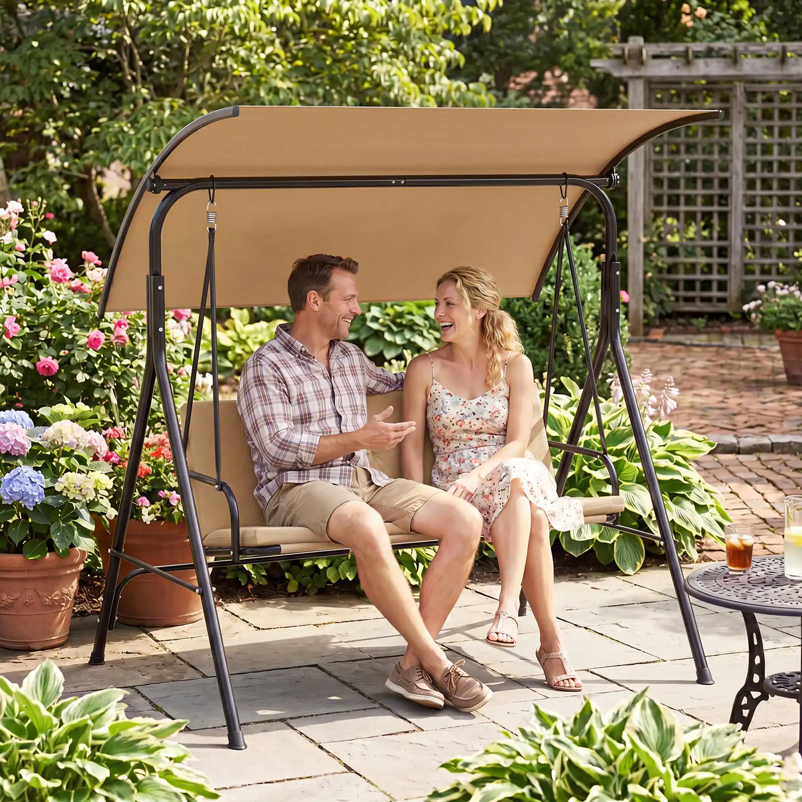 Alt View 3. Costway - Costway Swing Chair with Adjustable Canopy,Swing with Removable Cushion&Heavy-duty Metal Stand - Beige.