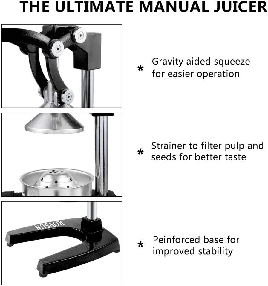 THE ULTIMATE MANUAL JUICER

- Gravity aided squeeze for easier operation
- Strainer to filter pulp and seeds for better taste
- Peinforced base for improved stability