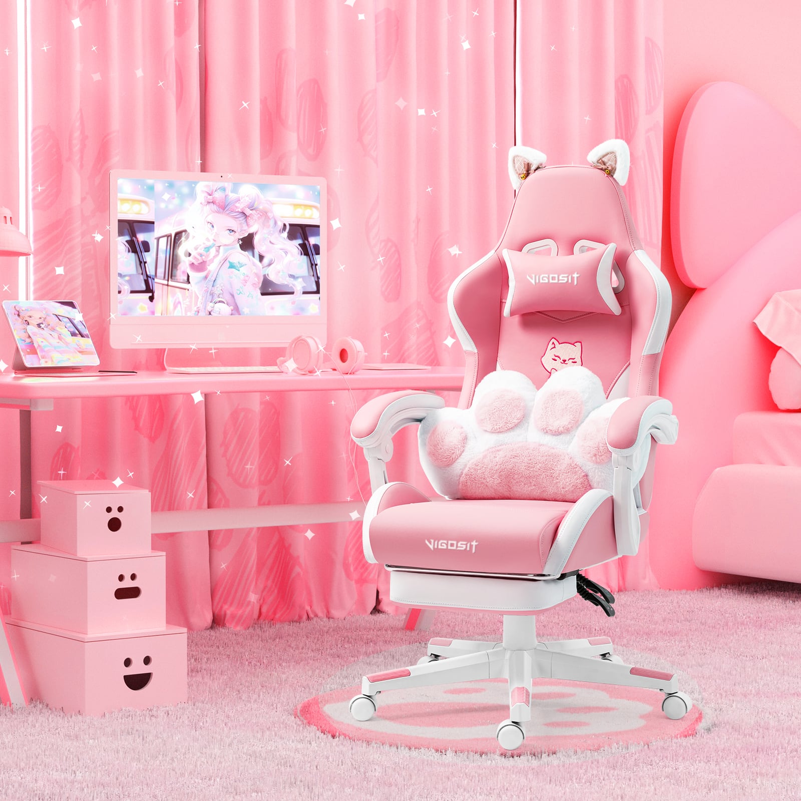Photos - Computer Chair PexFix - Kawaii Gaming Chair for Girls, Reclining PC Chair with Cat Ears, Footrest & Paw Lumbar Support - Pink FXBB0203-OC62