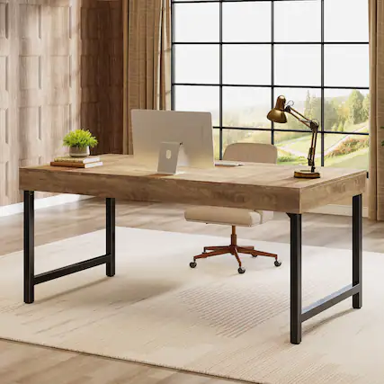 Front. Tribesigns - Office Executive Desk with Metal Frame, Rectangular Top, for Computer Work and Writing in Home Offices - Brown.