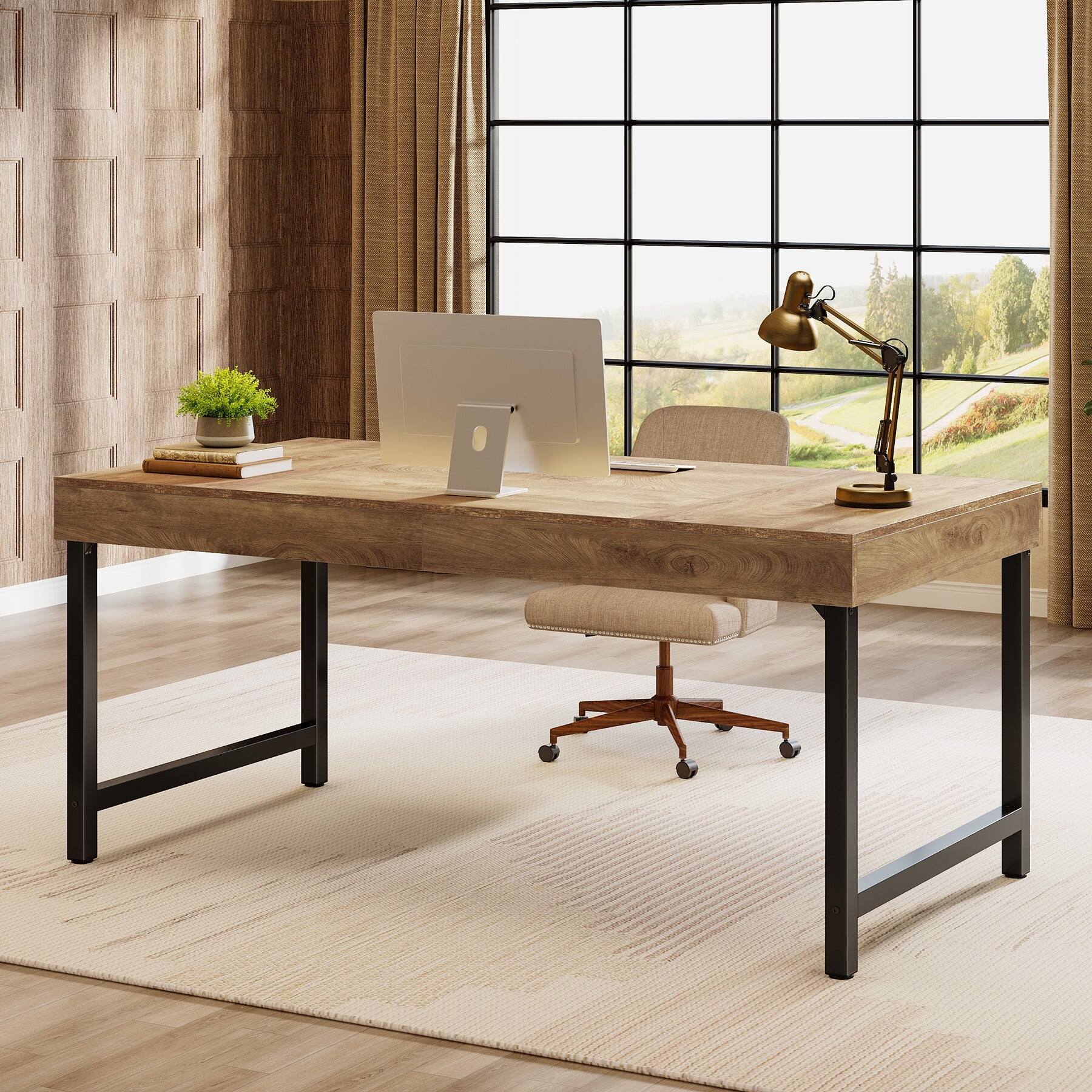 Front. Tribesigns - Office Executive Desk with Metal Frame, Rectangular Top, for Computer Work and Writing in Home Offices - Brown.