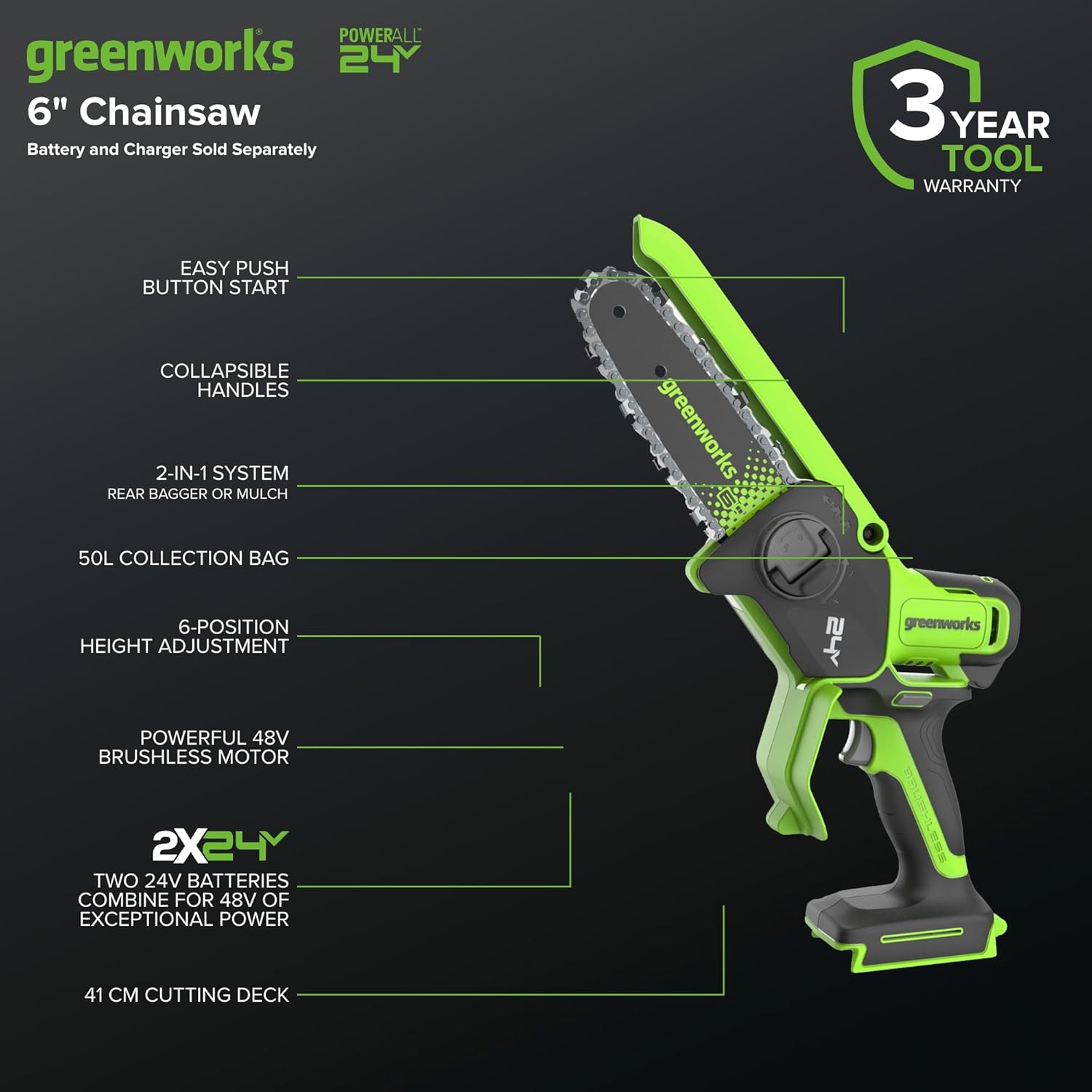 greenworks POWERALL 24V 6" Chainsaw  
Battery and Charger Sold Separately  
3 YEAR TOOL WARRANTY  
EASY PUSH BUTTON START  
COLLAPSIBLE HANDLES  
2-IN-1 SYSTEM (REAR BAGGER OR MULCH)  
50L COLLECTION BAG  
6-POSITION HEIGHT ADJUSTMENT  
POWERFUL 48V BRUSHLESS MOTOR  
2X24V TWO 24V BATTERIES COMBINE FOR 48V OF EXCEPTIONAL POWER  
41 CM CUTTING DECK