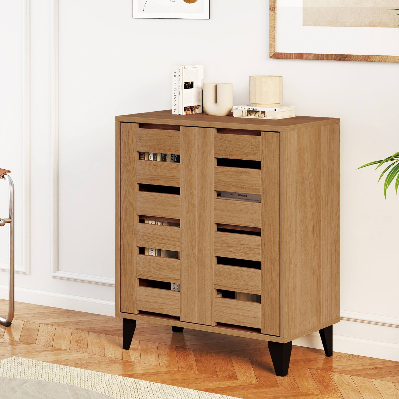 Alt View 4. Gymax - Gymax 2-Door Shoe Cabinet 4-Tier Farmhouse Shoe Organizer w/ Louvered Door for Hallway - Natural.