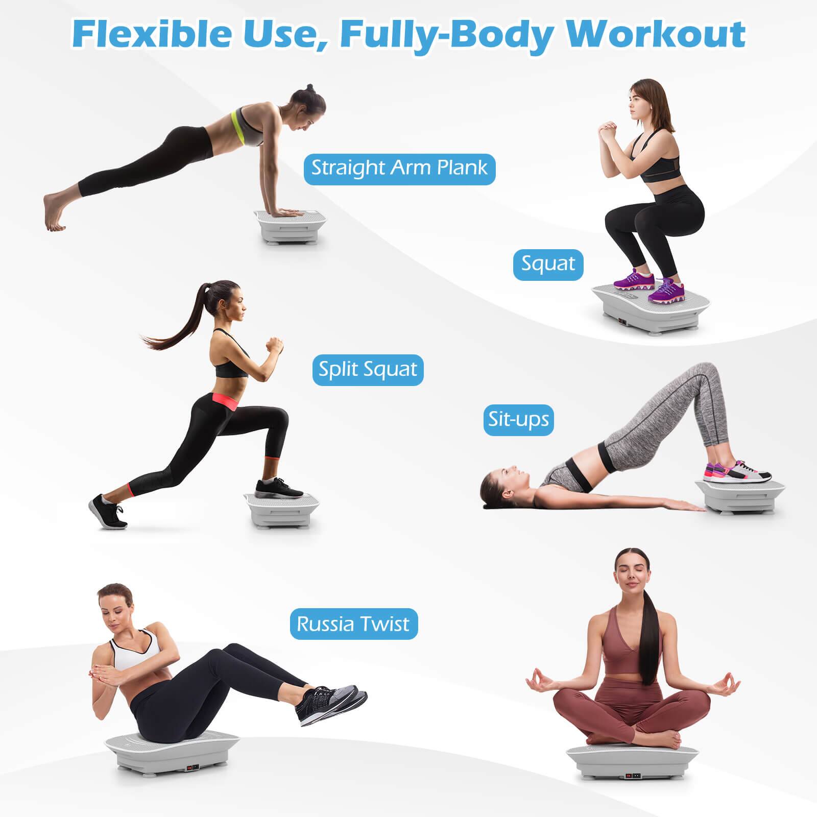 Flexible Use, Fully-Body Workout

- Straight Arm Plank
- Squat
- Split Squat
- Sit-ups
- Russia Twist