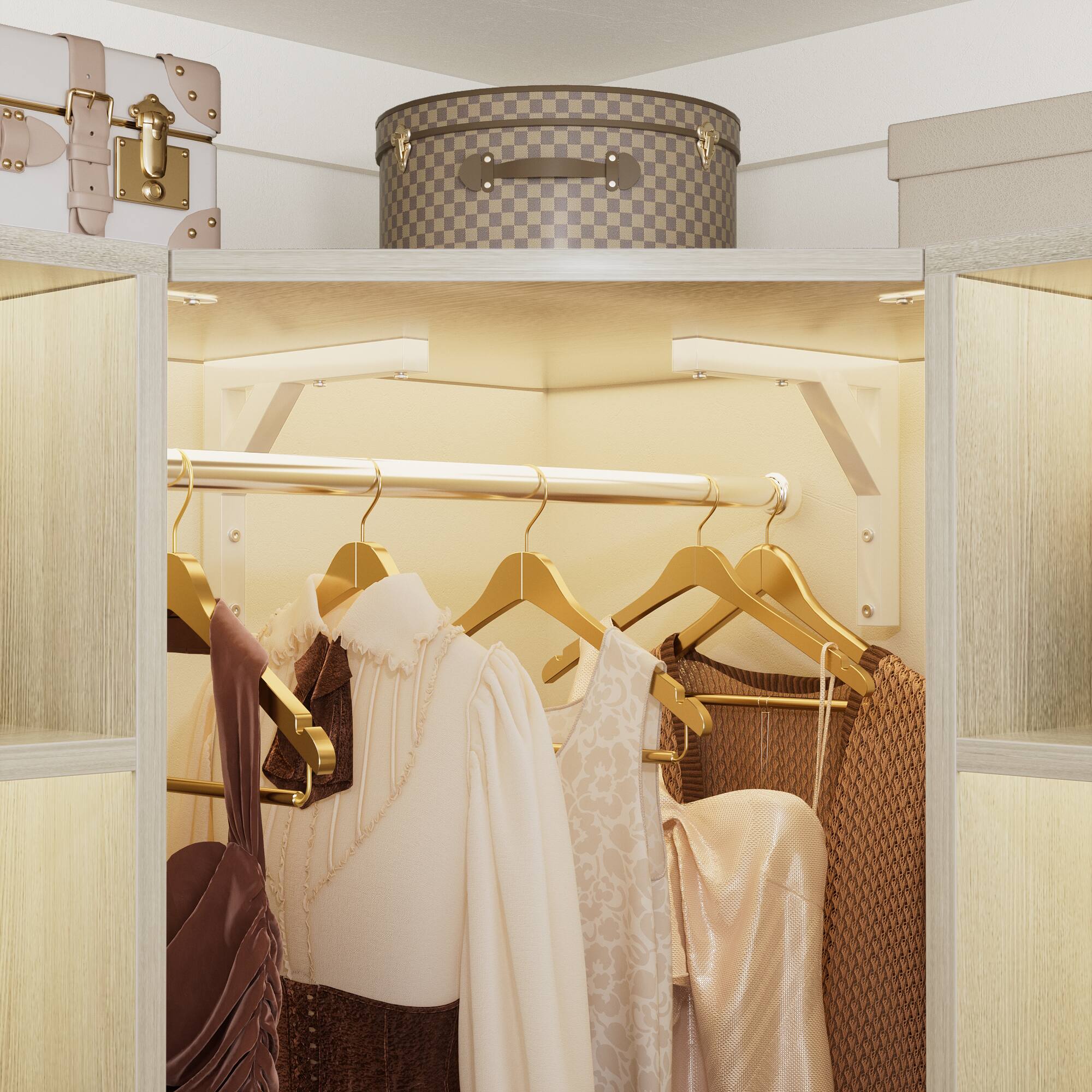 Back. Aheaplus - Corner Closet Organizer: 12-Shelf + 2 Rods, 39.2" Corner Fit, Space-Saving Design (80" H) - White Oak.