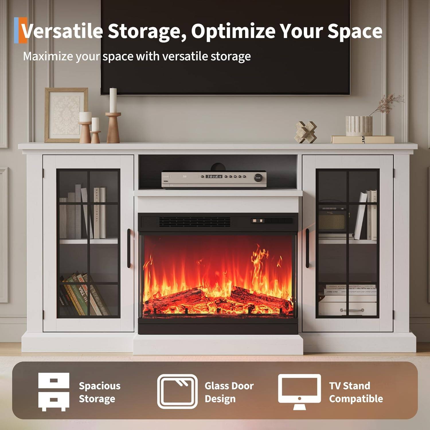 Versatile Storage, Optimize Your Space  
Maximize your space with versatile storage  

- Spacious Storage  
- Glass Door Design  
- TV Stand Compatible