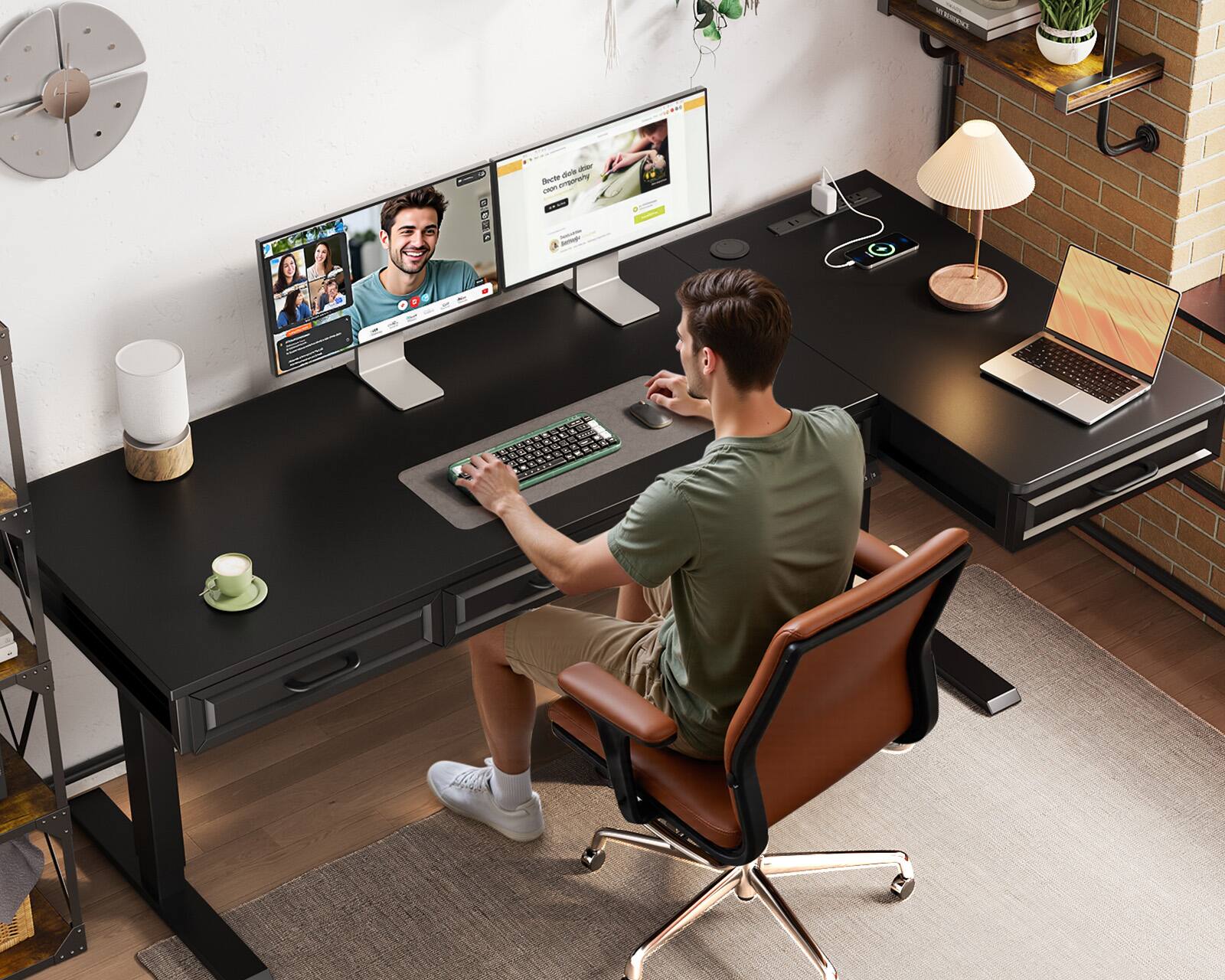 Alt View 2. OffiGo - L Shaped Electric Standing Desk with Wooden Drawers, Height Adjustable Corner Sit Stand Workstation with Power Outlets - Black.