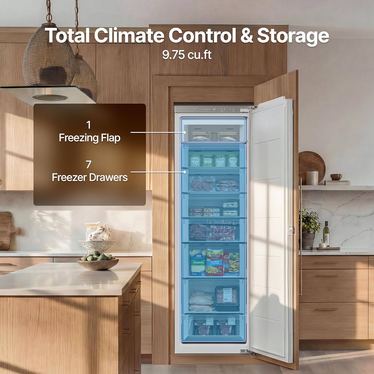 Total Climate Control & Storage  
9.75 cu.ft  
1 Freezing Flap  
7 Freezer Drawers