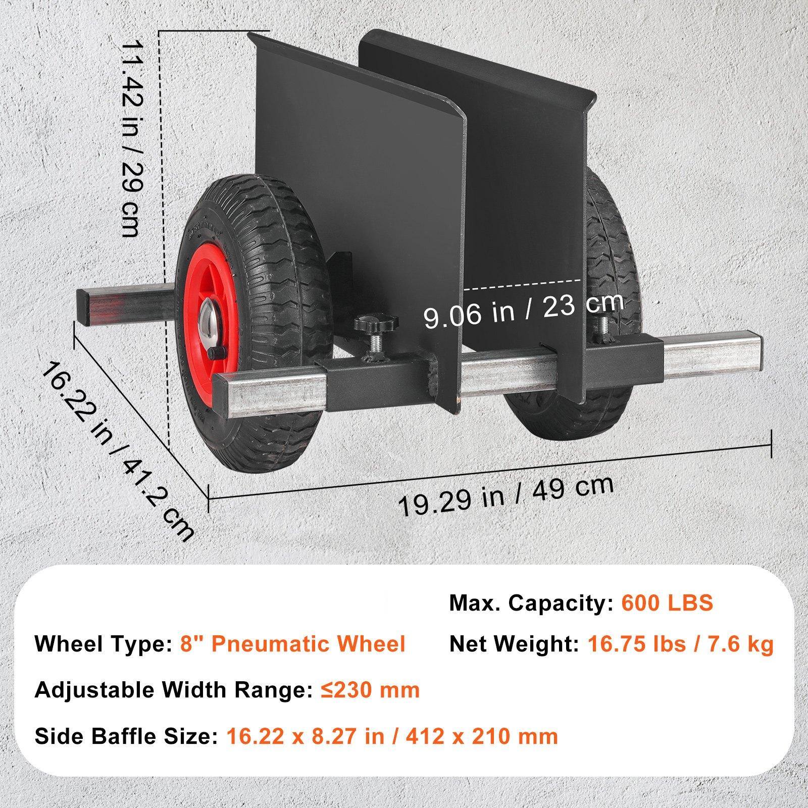 Max. Capacity: 600 LBS  
Net Weight: 16.75 lbs / 7.6 kg  
Wheel Type: 8" Pneumatic Wheel  
Adjustable Width Range: ≤230 mm  
Side Baffle Size: 16.22 x 8.27 in / 412 x 210 mm  

Dimensions:  
- 11.42 in / 29 cm  
- 16.22 in / 41.2 cm  
- 9.06 in / 23 cm  
- 19.29 in / 49 cm