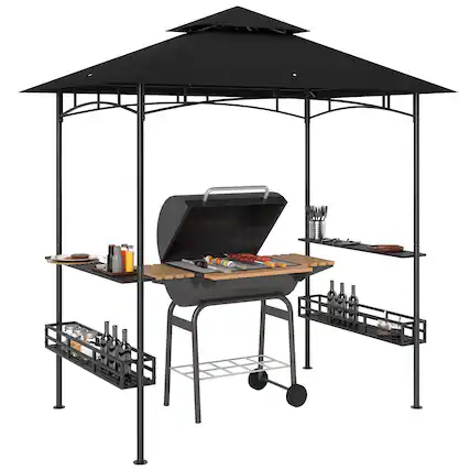 Front. Outsunny - 8' x 5' Grill Gazebo, 2-Tier Outdoor BBQ Gazebo with 2 Side Shelves, Storage Baskets and Ceiling Hook for Patio Deck - Dark Gray.