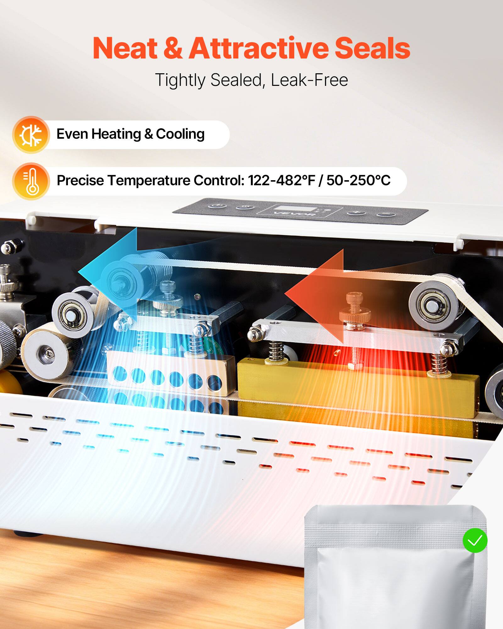 Neat & Attractive Seals  
Tightly Sealed, Leak-Free  

Even Heating & Cooling  

Precise Temperature Control: 122-482°F / 50-250°C  

VEVOR