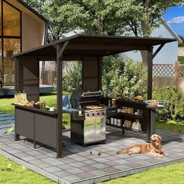 Mondawe - 9X10FT Galvanized Steel Grill Gazebo,Storage Shelves and Expansion Platform - Brown