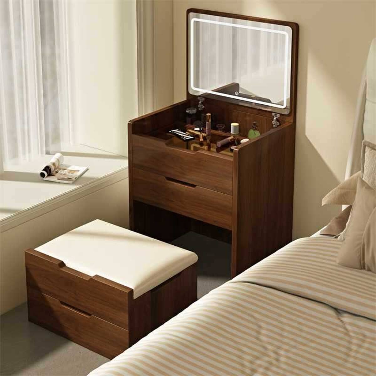 Alt View 9. Loheer - Loheer Walnut Makeup Vanity Table, 3 Drawer Desk with Flip Top Lighted Mirror, Glass Top, Mid Century Modern - Walnut.