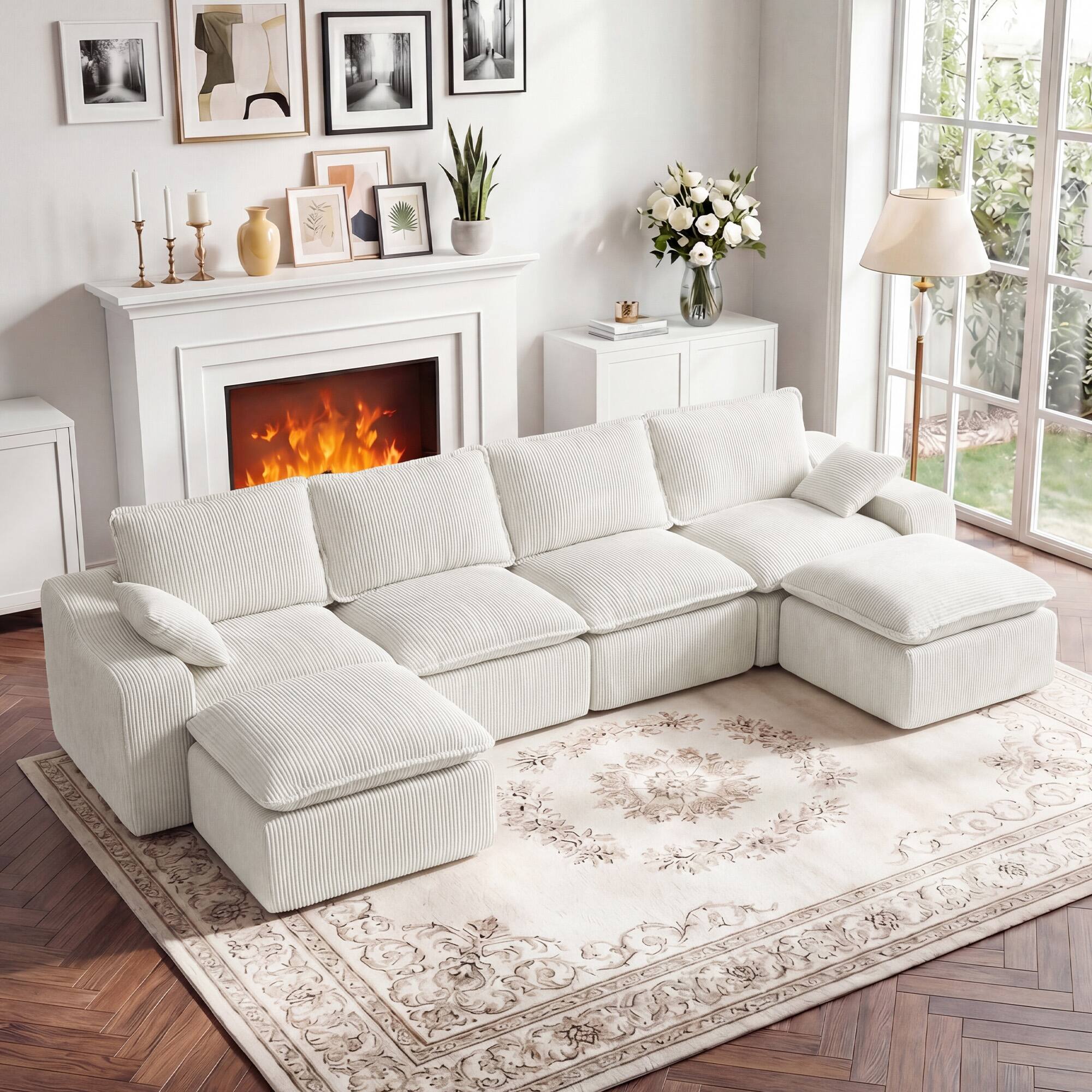 Alt View 4. Dyonery - Dyonery 137'' Couch Corduroy Sectional Couches,  U-Shape Chaise, Deep Seat Upholstered, No Assembly Required, Beige - Beige.