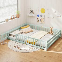 Costway - Queen Size Floor Bed with Full Length Safety Guardrails & Door for Boys, Girls - Mint Sky