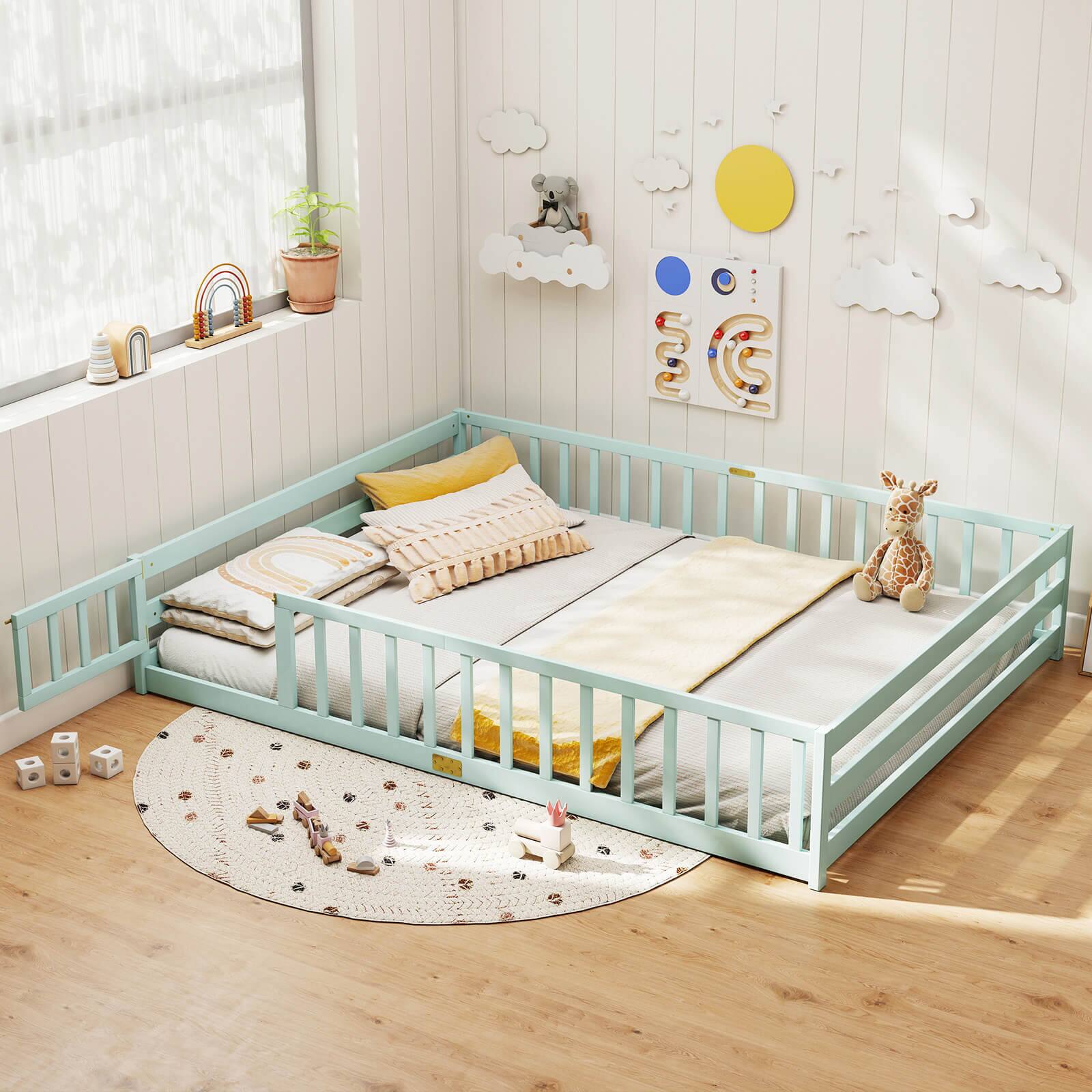 Alt View 1. Costway - Costway Queen Size Floor Bed with Full Length Safety Guardrails & Door for Boys, Girls - Mint Sky.