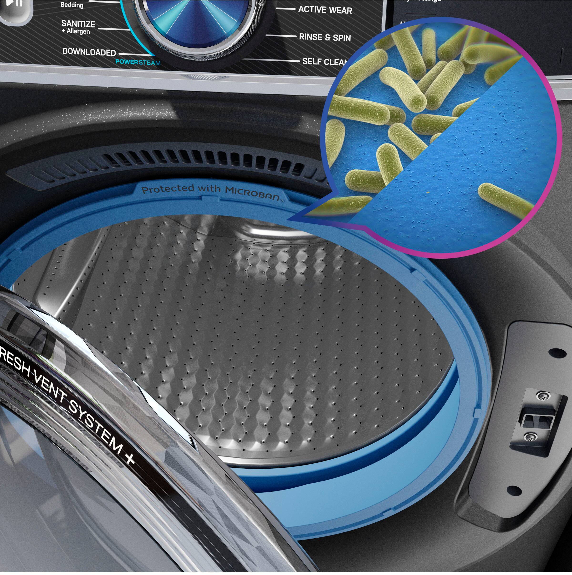 The text on the image is grouped and corrected as follows:
1. Bedding SANITIZE + Allergen DOWNLOADED POWERSTEAM ACTIVE WEAR RINSE & SPIN SELF CLEAN Protected with MICROBAN. Fresh VENT SYSTEM +
This text describes a washing machine with a vent system and a self-cleaning feature, which can protect the bedding and clothing from allergens and bacteria. The machine also has a power steam function, which can be used to sanitize and freshen up the items.