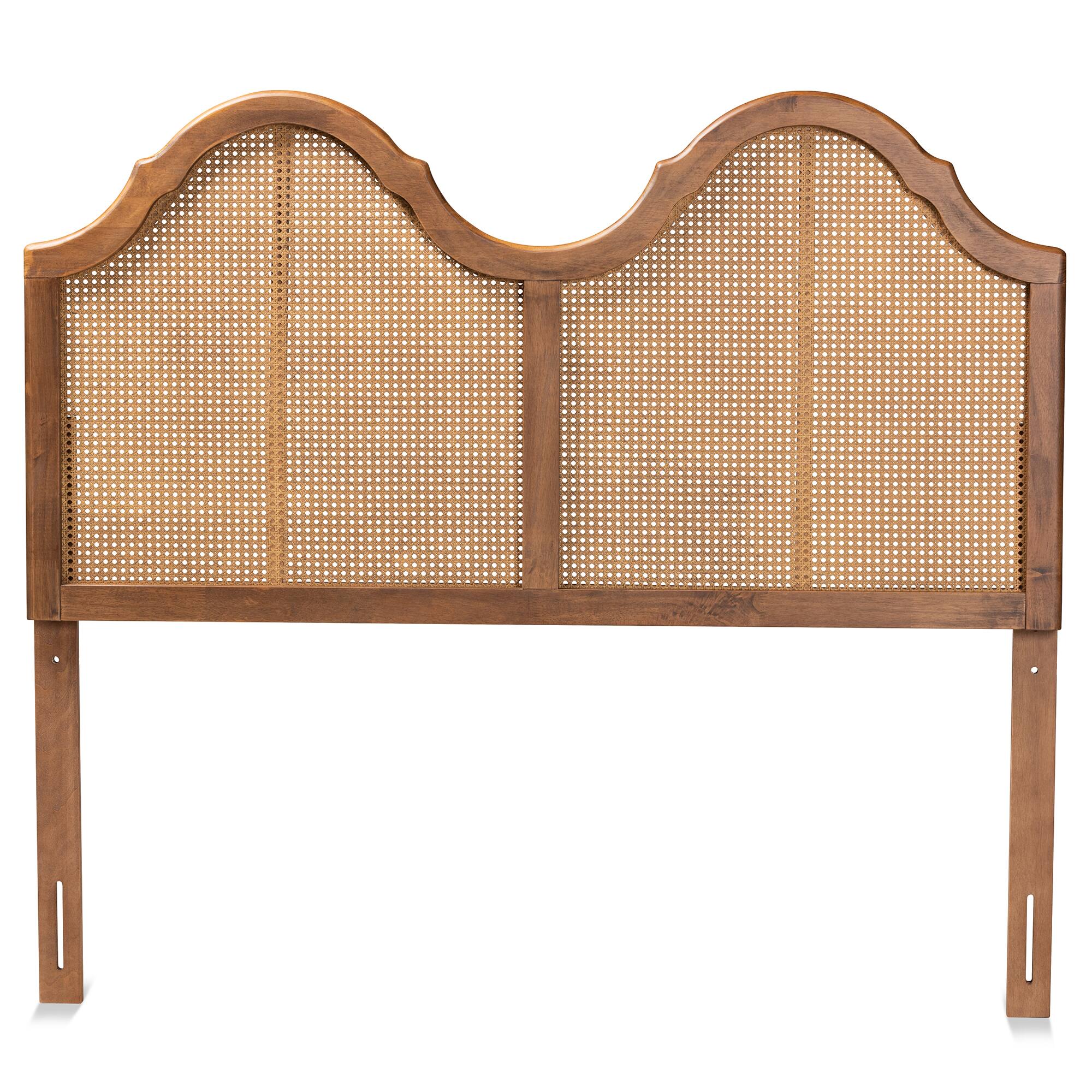 Angle. Baxton Studio - Hazel Vintage Classic and Traditional Finished Wood and Synthetic Rattan Queen Size Arched Headboard - Ash Walnut.