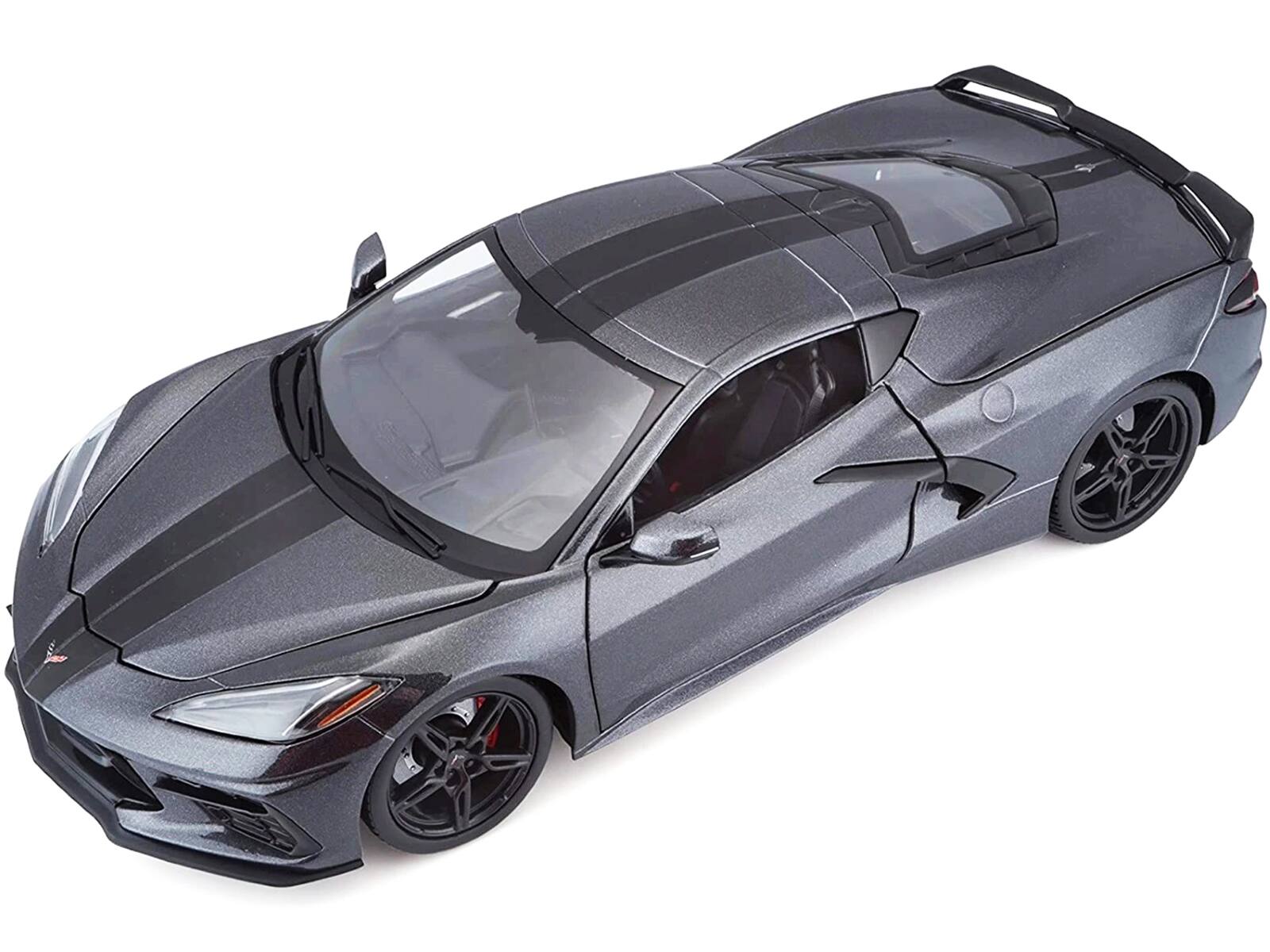 Alt View 2. Maisto - 2020 Chevrolet Corvette Stingray C8 Dark Gray Metallic with Racing Stripes 1/18 Diecast Model Car by Maisto.