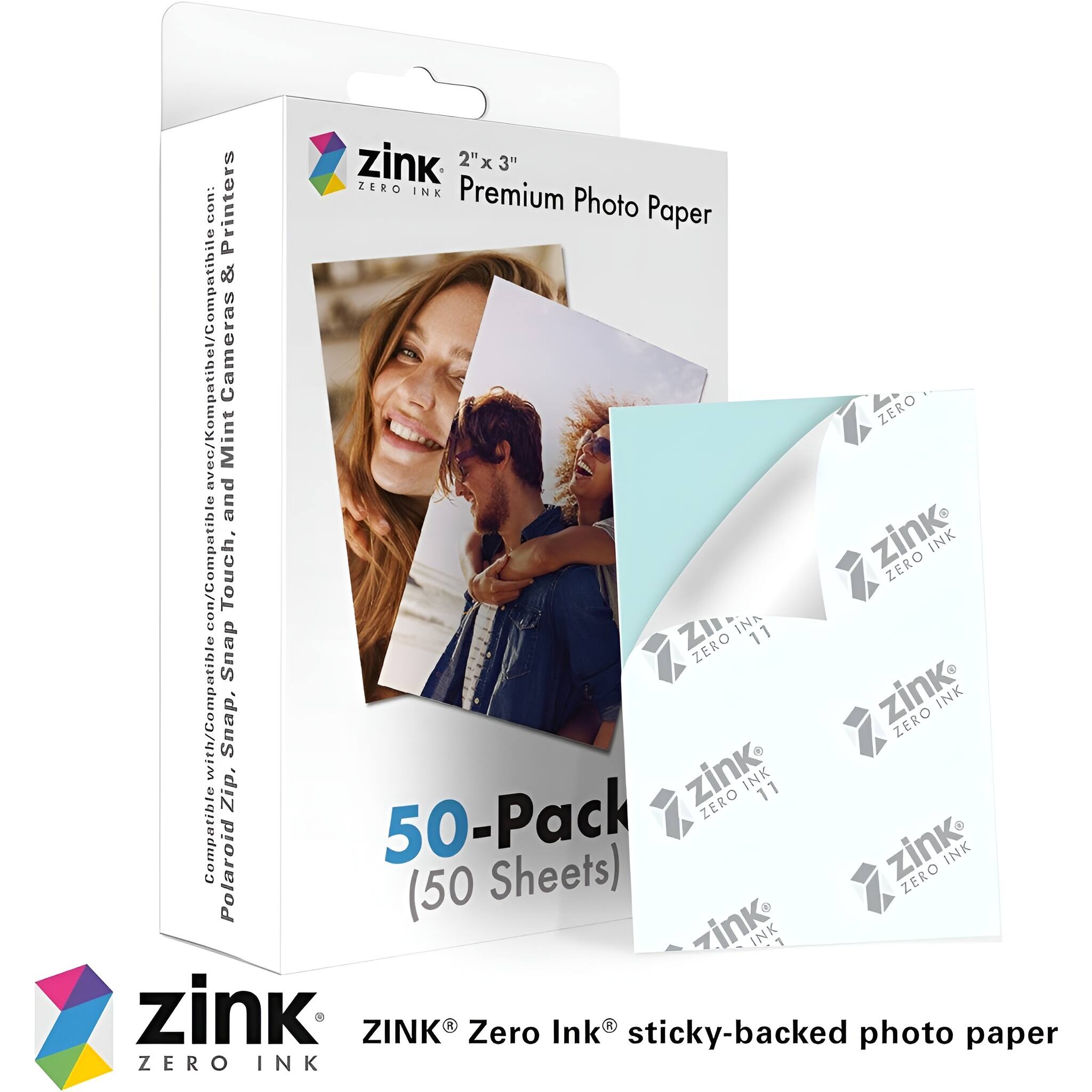 zink 2" x 3" ZERO INK Premium Photo Paper  
Compatible with:  
- Printers  
- Photo Paper & c/Kompatibel/Compatibile Mint Cameras  
- ZERO and con/Compatible  
- zink ZERO INK Touch  
- ZII INK 11 Snap  
- ZERO INK Zip  
- zink ZERO INK 11 Compatible 50-Pack  
- zink INK Polaroid (50 Sheets)  
- ZERO INK  
- zink ZINK Zero Ink sticky-backed photo paper  

50-Pack (50 Sheets)  
ZINK® Zero Ink® sticky-backed photo paper
