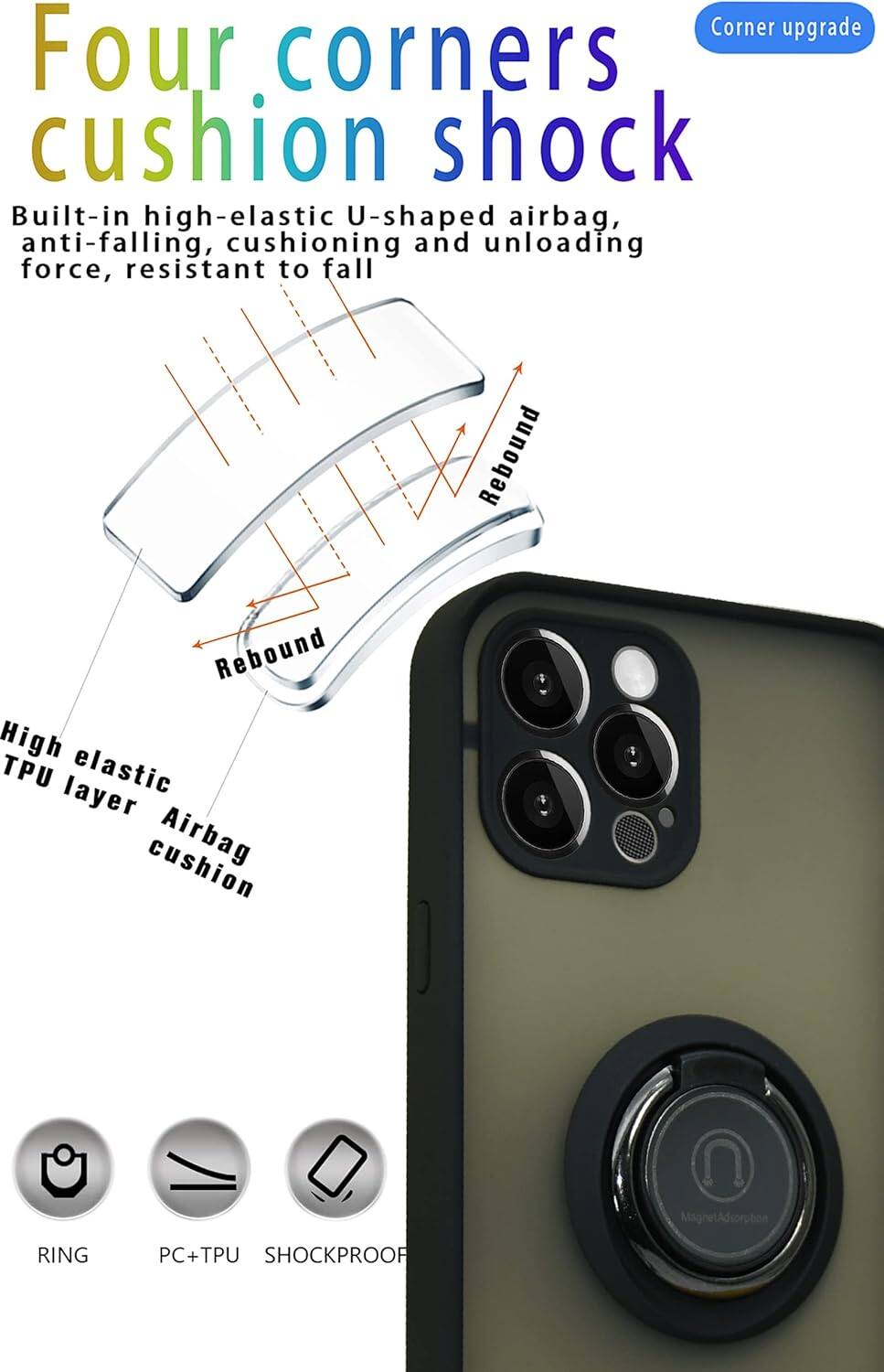 Corner upgrade, Four corners cushion shock, Built-in high-elastic U-shaped airbag, anti-falling, cushioning and unloading force, resistant to fall, Rebound, Rebound, High TPU elastic layer cushion, Airbag, MagnetAdsorpton, RING, PC+TPU, SHOCKPROOF