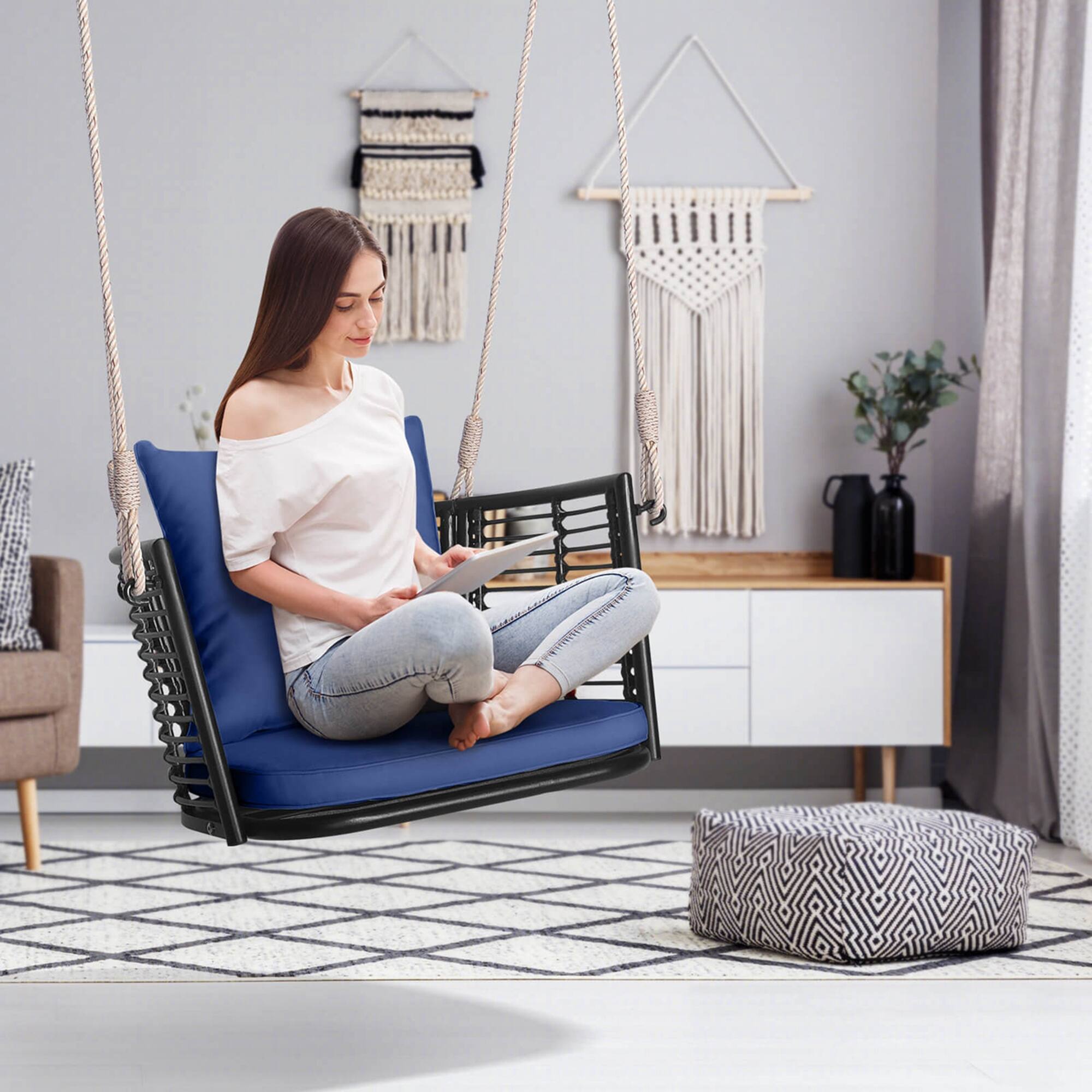 Back. Costway - Patio Hanging Rattan Basket Chair Swing Hammock Chair with Seat Cushion - Mix Brown + Navy.