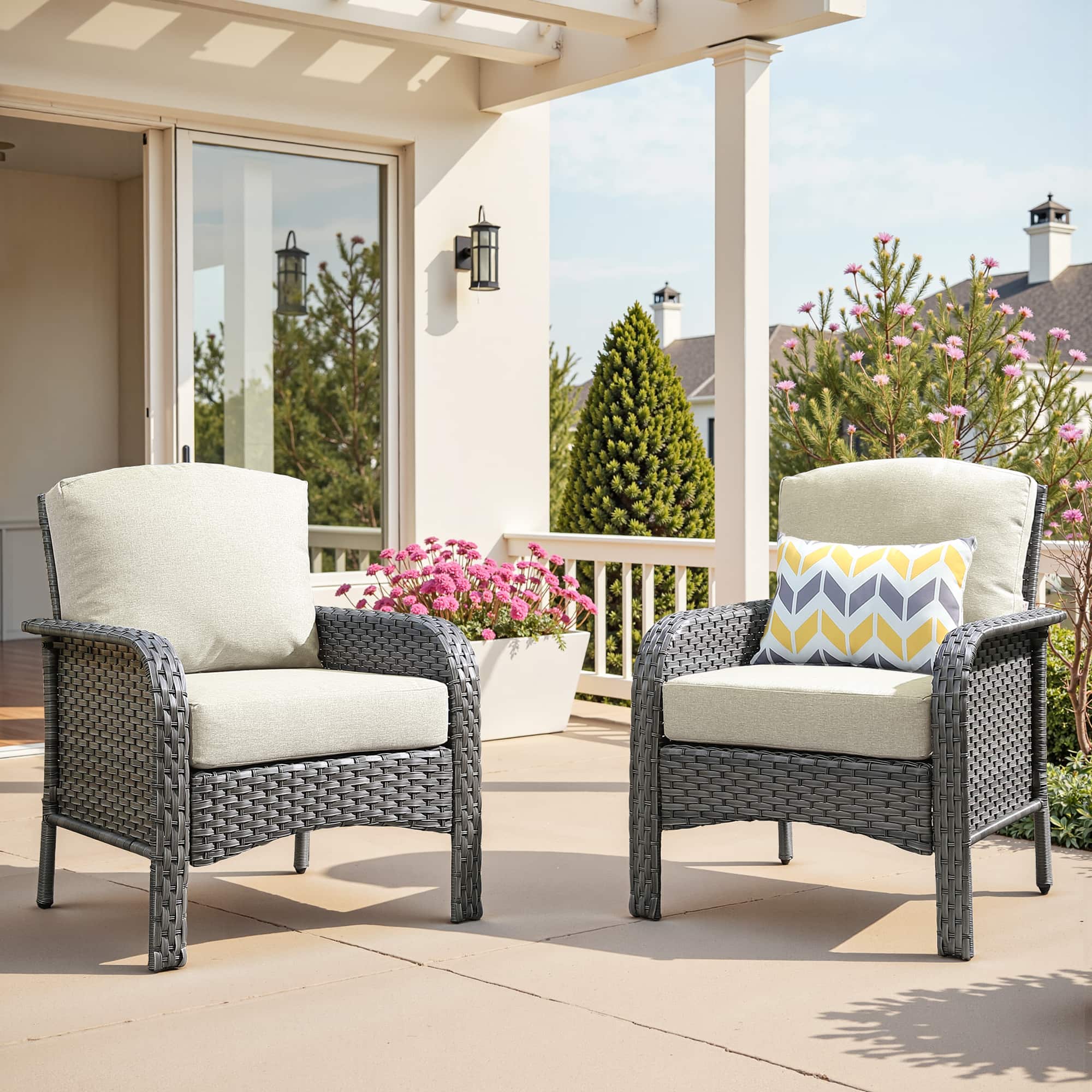 Ovios - 2 PCS Patio Furniture, Single High Back Chair, Rattan Outdoor Armchair with Cushion - Beige