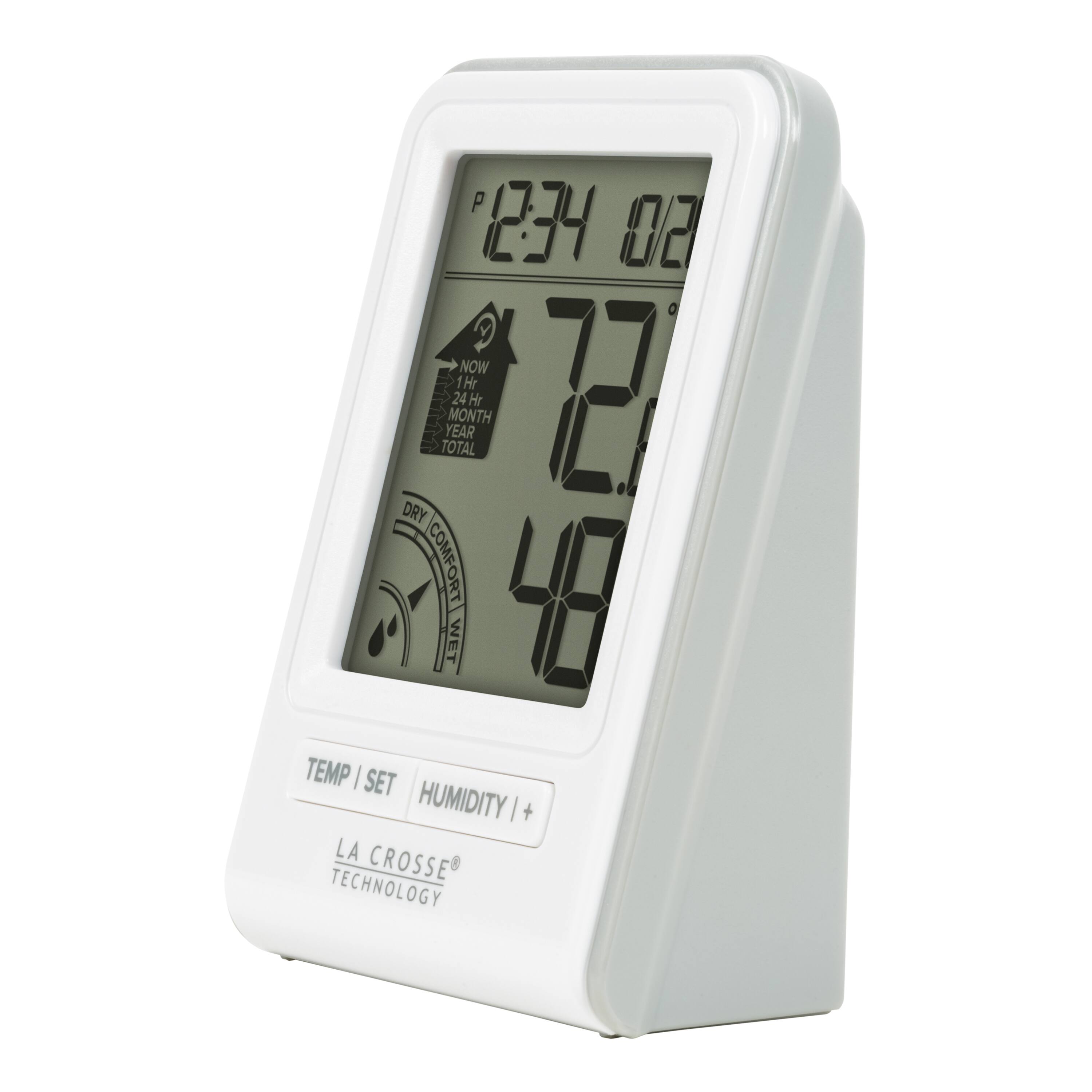 P 1234 82 V  
NOW 1Hr 24Hr MONTH YEAR TOTAL  
72.7°C 48%  
DRY COMFORT WET  
TEMP | SET HUMIDITY | +  
LA CROSSE TECHNOLOGY