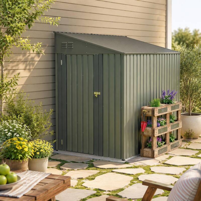 Left. RYHNUYNE - 4x7 Ft Olive Grey Lean-To Steel Shed Garden Bicycle Shelter Wind-Resistant Lockable - Gray,Olive.