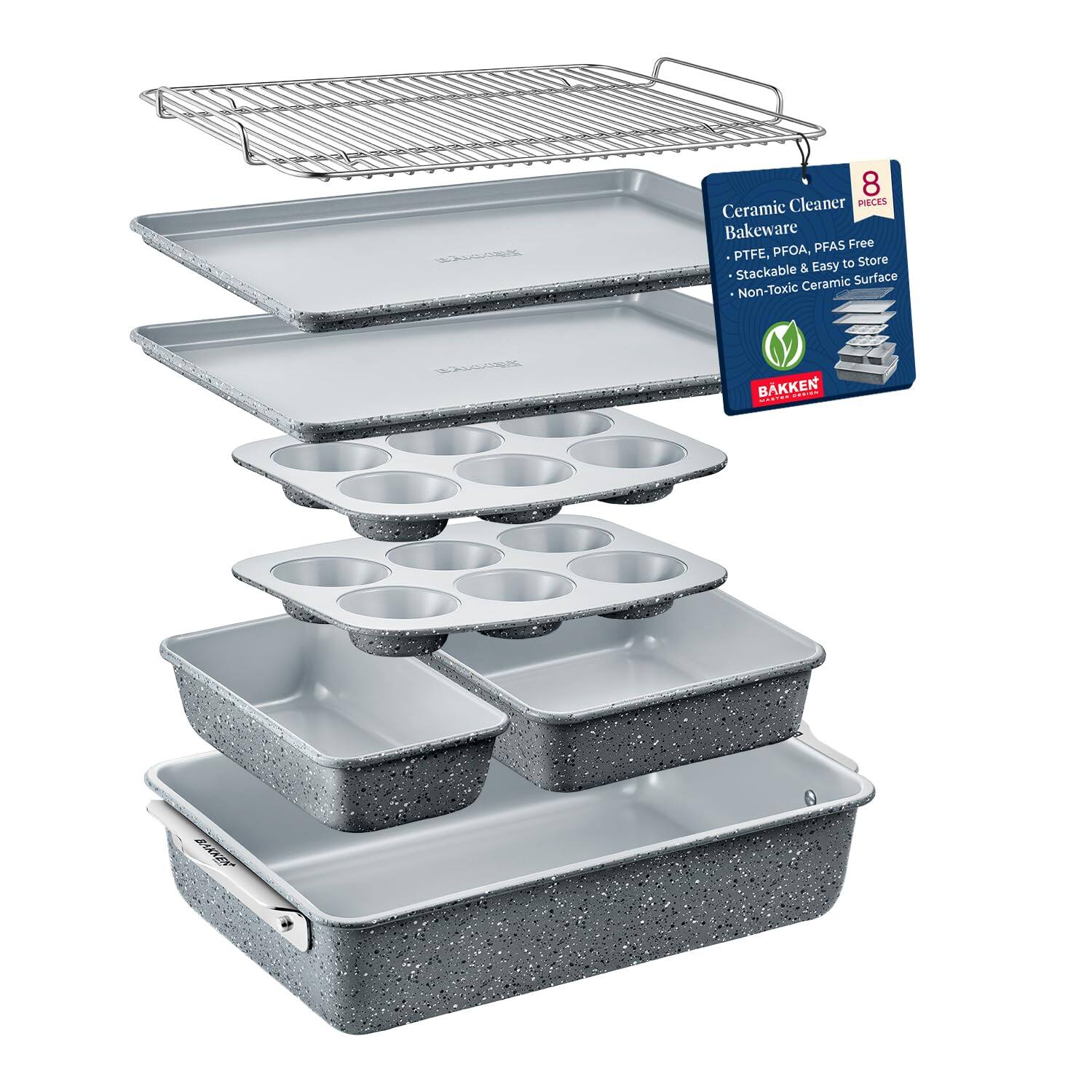 Bakken- Swiss - Bakken 8-Piece Bakeware Set – Non-Toxic Ceramic, PTFE/PFOA Free, Stackable, Oven Safe, Rack, Easy-Grip Handles - Marble