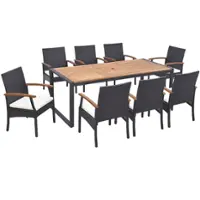 Costway 9 Pieces  Patio Rattan Dining Set with Acacia Wood Table, 1.9" Umbrella Hole - Mix Brown + Off White - Front_Zoom