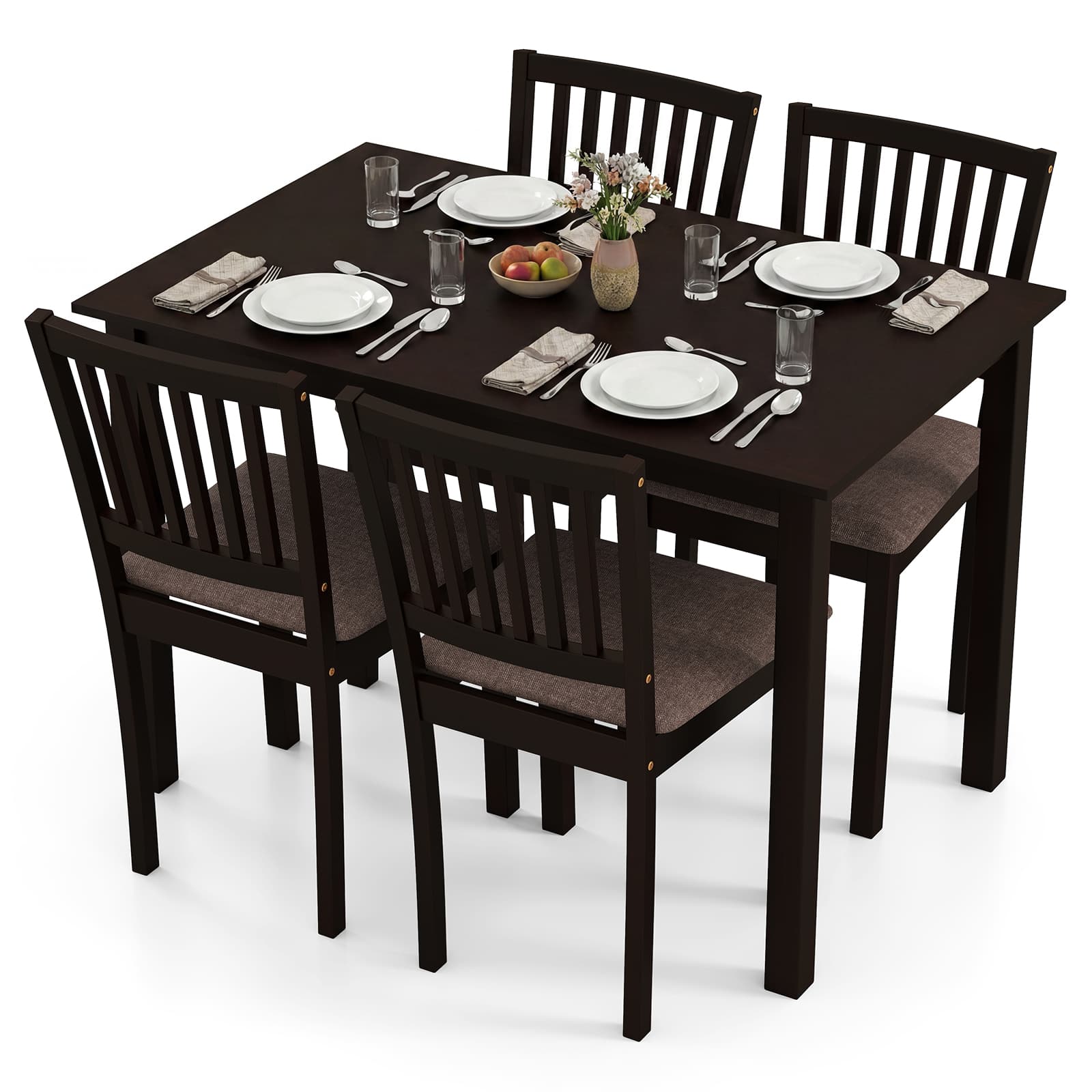 Gymax - 5-Piece Dining Table Set Rectangular Kitchen Table w/ Upholstered Chairs - Brown