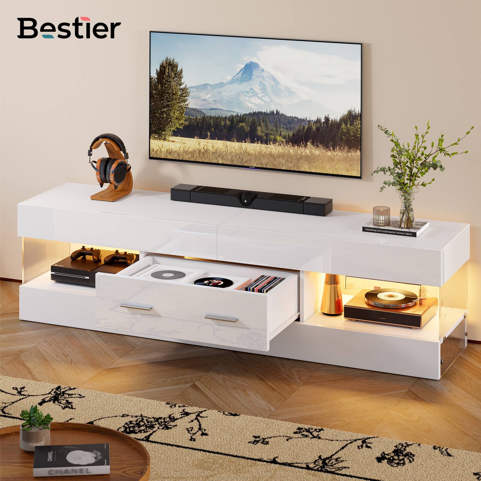 Bestier - 60inch Glossy TV Stand for TVs Up to 65 Inches, Featuring a Drawer and LED-Lit Stone Grain Media Console - White price history on PriceWatchPro