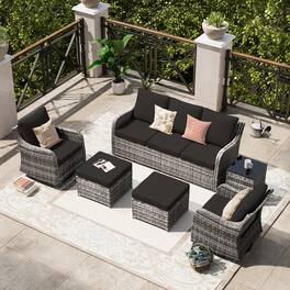 Yardgrace - 6-Piece Patio Set w/ Swivel Rocking Chairs, Outdoor Wicker Sofa, Waterproof Cushions for Backyard Lawn Porch - Black