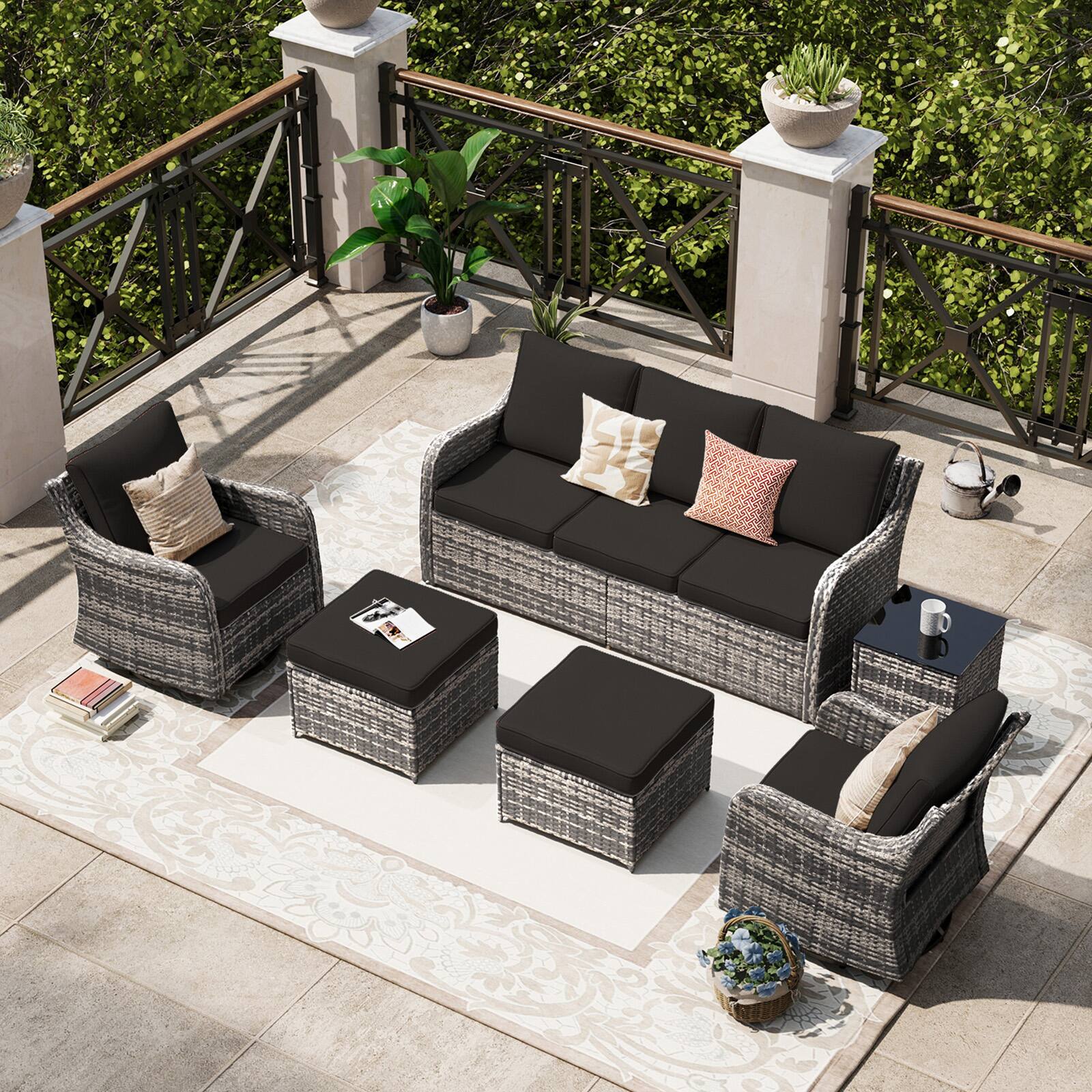 Front. Yardgrace - 6-Piece Patio Set w/ Swivel Rocking Chairs, Outdoor Wicker Sofa, Waterproof Cushions for Backyard Lawn Porch - Black.