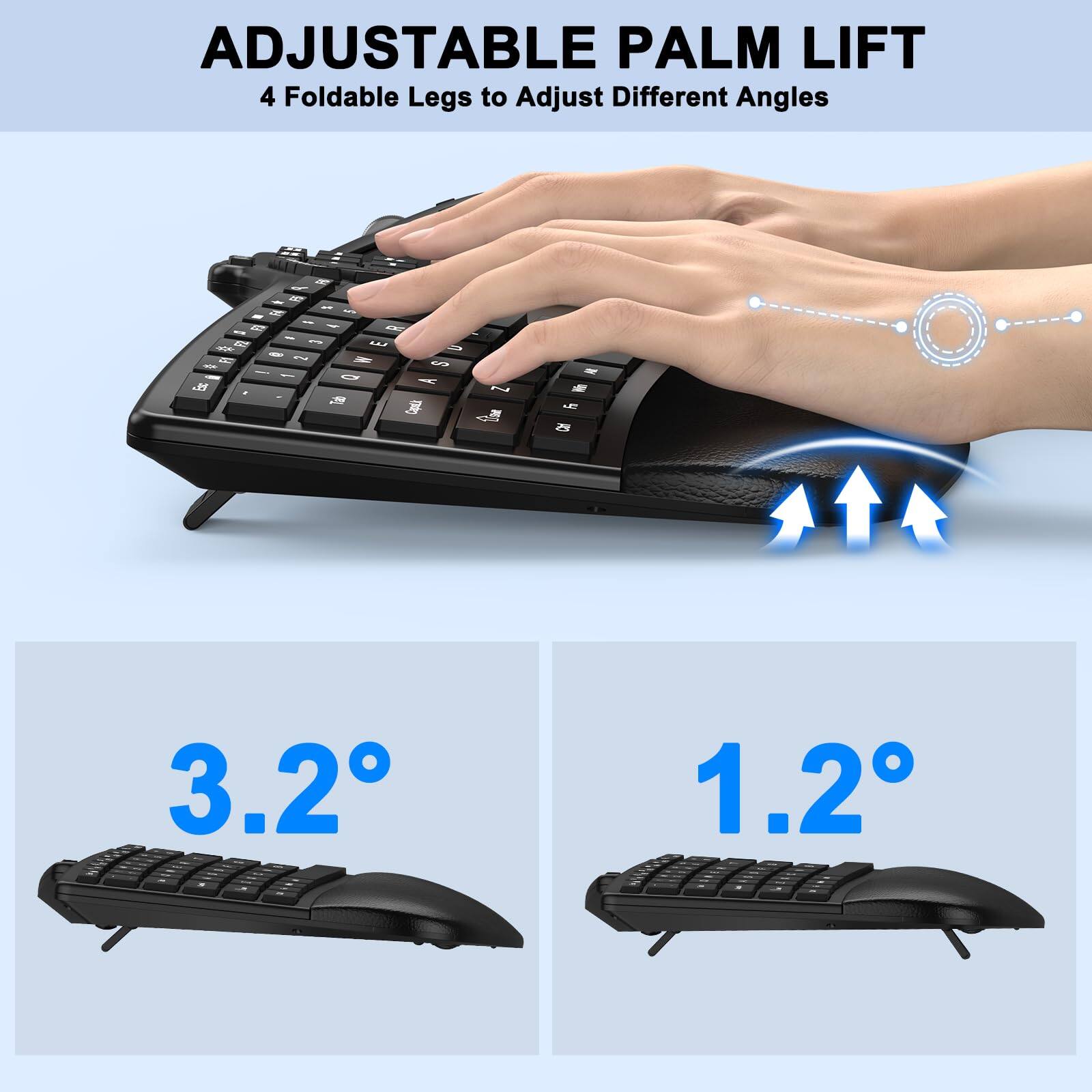 ADJUSTABLE PALM LIFT  
4 Foldable Legs to Adjust Different Angles  

3.2°  
1.2°