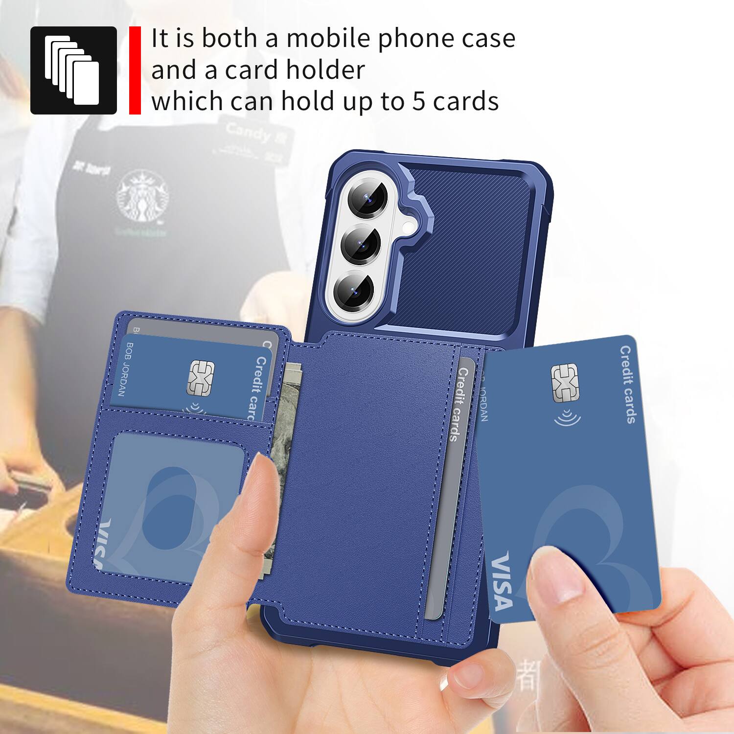 It is both a mobile phone case and a card holder which can hold up to 5 cards.