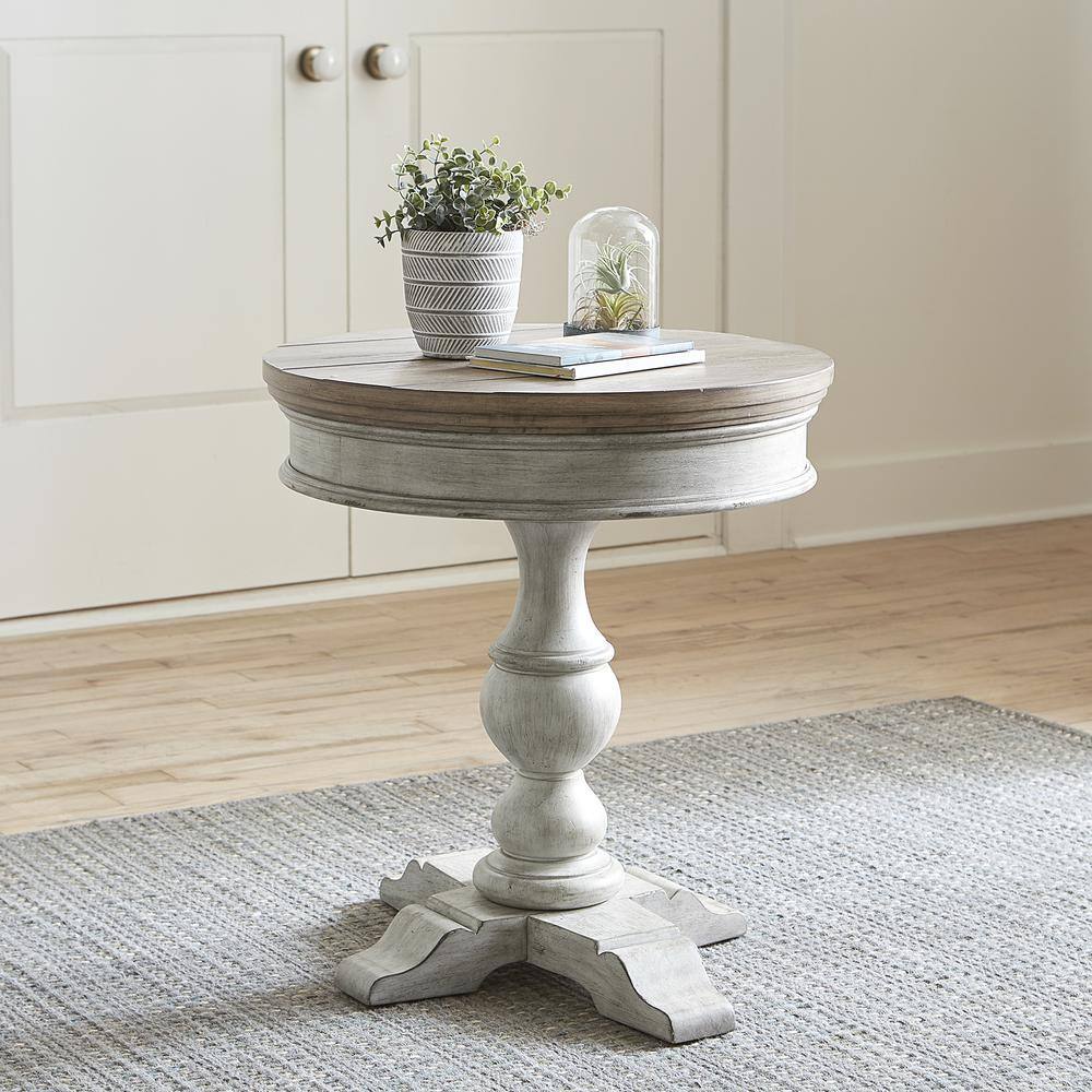 Alt View 3. Liberty Furniture Industries - Heartland Round Pedestal Chair Side Table in Antique White w/ Tobacco Top - White.