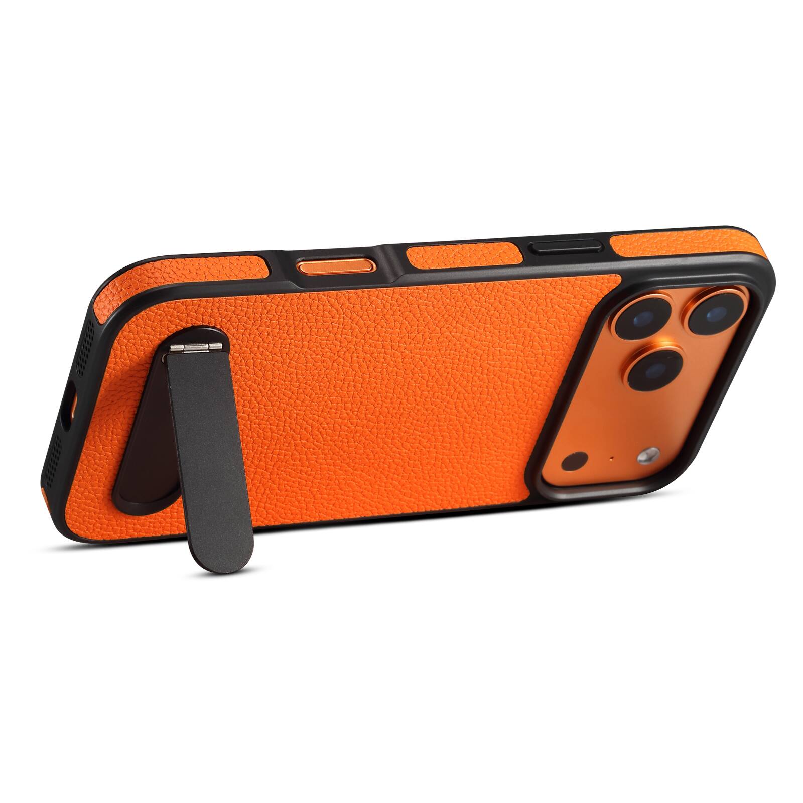 Left. Dteck - for Apple iPhone 17 Pro Magnetic Case with Built-in Hidden Kickstand,Lychee Texture Shockproof Protective Cover - Orange.