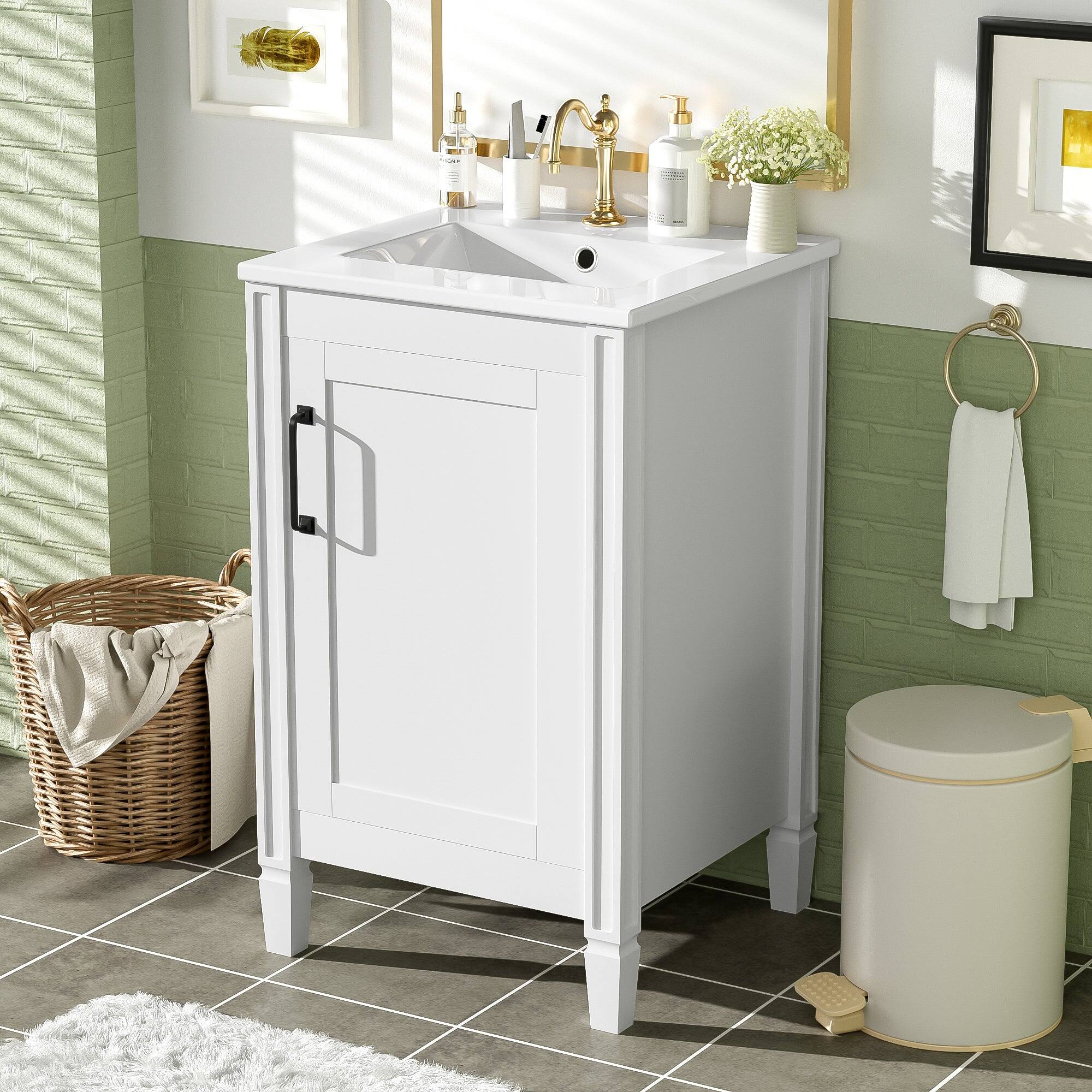 Alt View 4. Boyel Living - 20 Inch White Bathroom Vanity with Ceramic Sink Soft Close Door Adjustable U Shaped Shelf and Door Storage Rack - White.