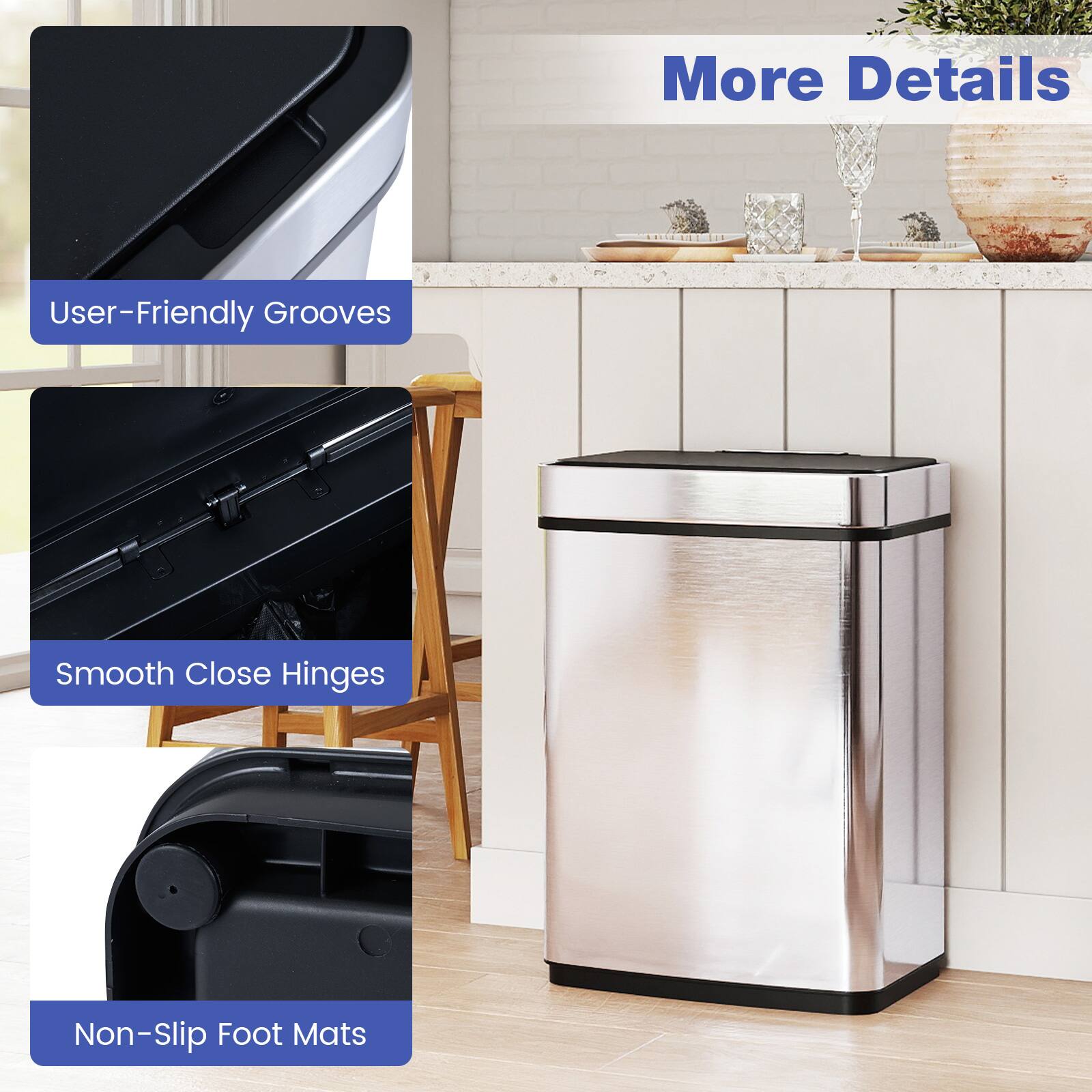 - More Details
- User-Friendly Grooves
- Smooth Close Hinges
- Non-Slip Foot Mats