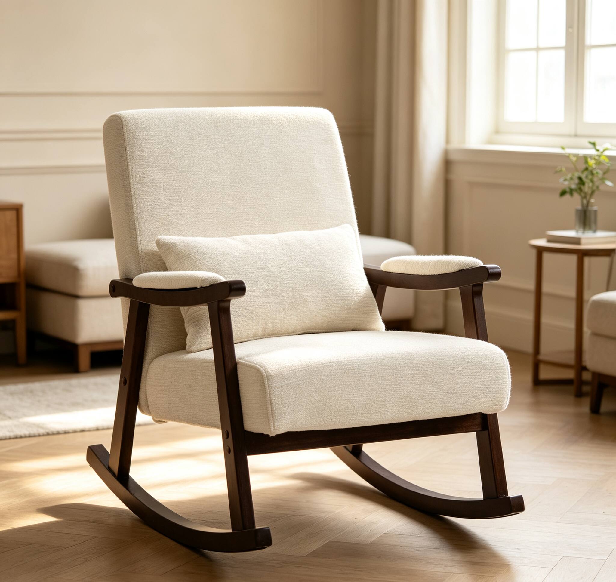 JUJABU - Modern Antique Rocking Armchair with Solid Wood Frame for Bedroom Sunroom - White