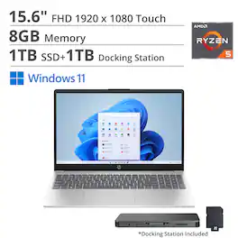 HP - 15.6" FHD Touch Laptop,AMD Ryzen 5 7520U,Intel UHD Graphics,8GB RAM,1TB SSD+1TB Docking Station,Win 11 Home - Silver