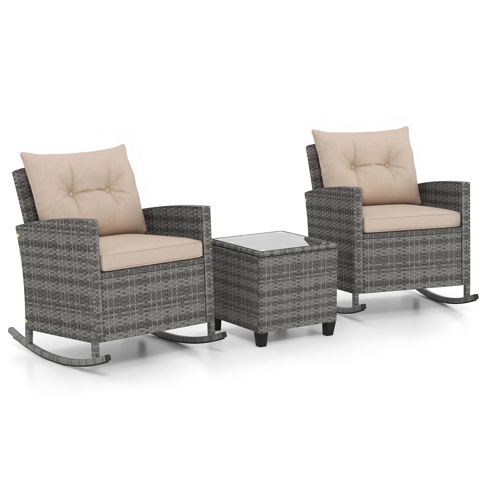 Alt View 9. Costway - Costway 3 PCS Patio Wicker Rocking Set with Tempered Glass Table & Soft Cushions Outdoor - Gray.