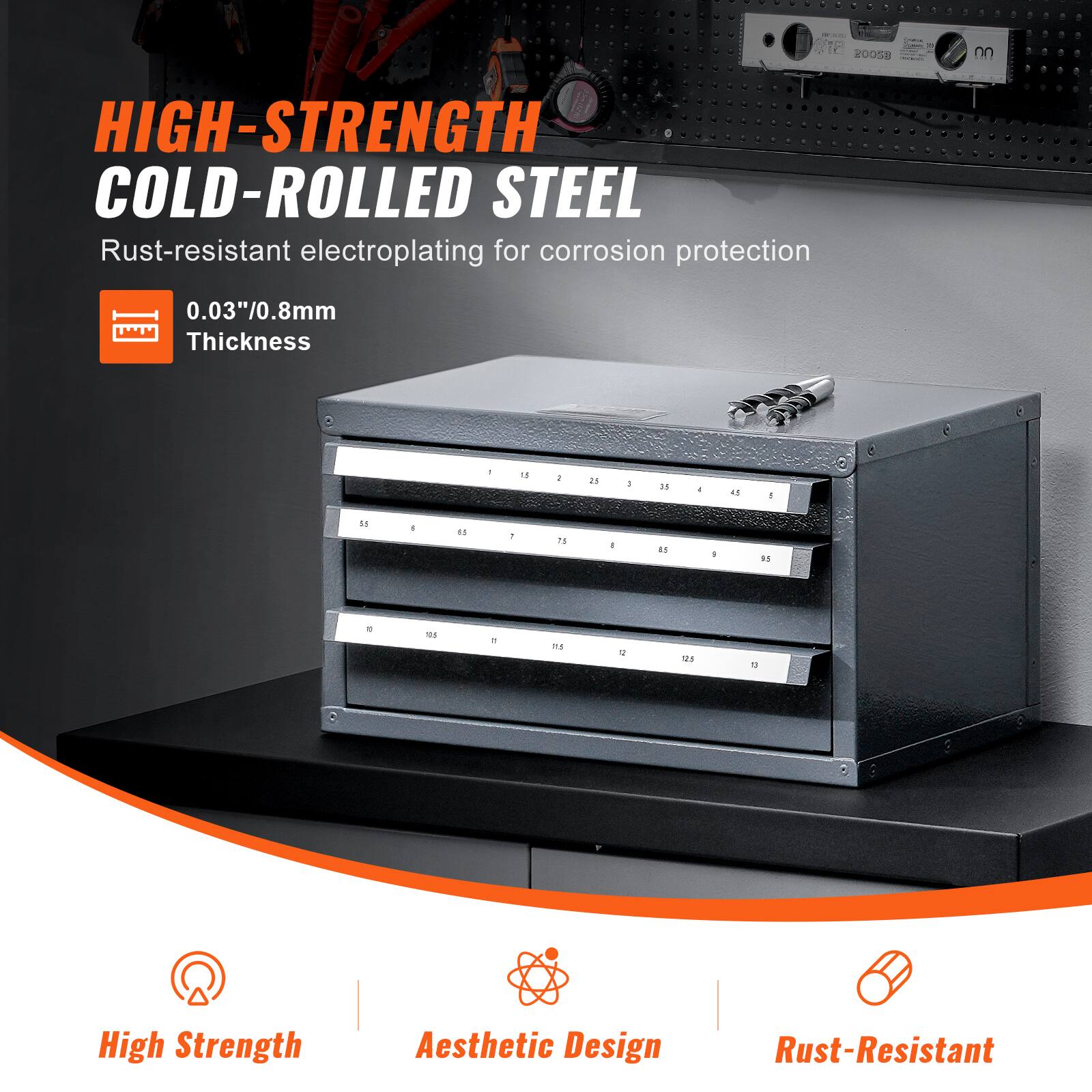 HIGH-STRENGTH COLD-ROLLED STEEL  
Rust-resistant electroplating for corrosion protection  

0.03"/0.8mm Thickness  

High Strength  
Aesthetic Design  
Rust-Resistant