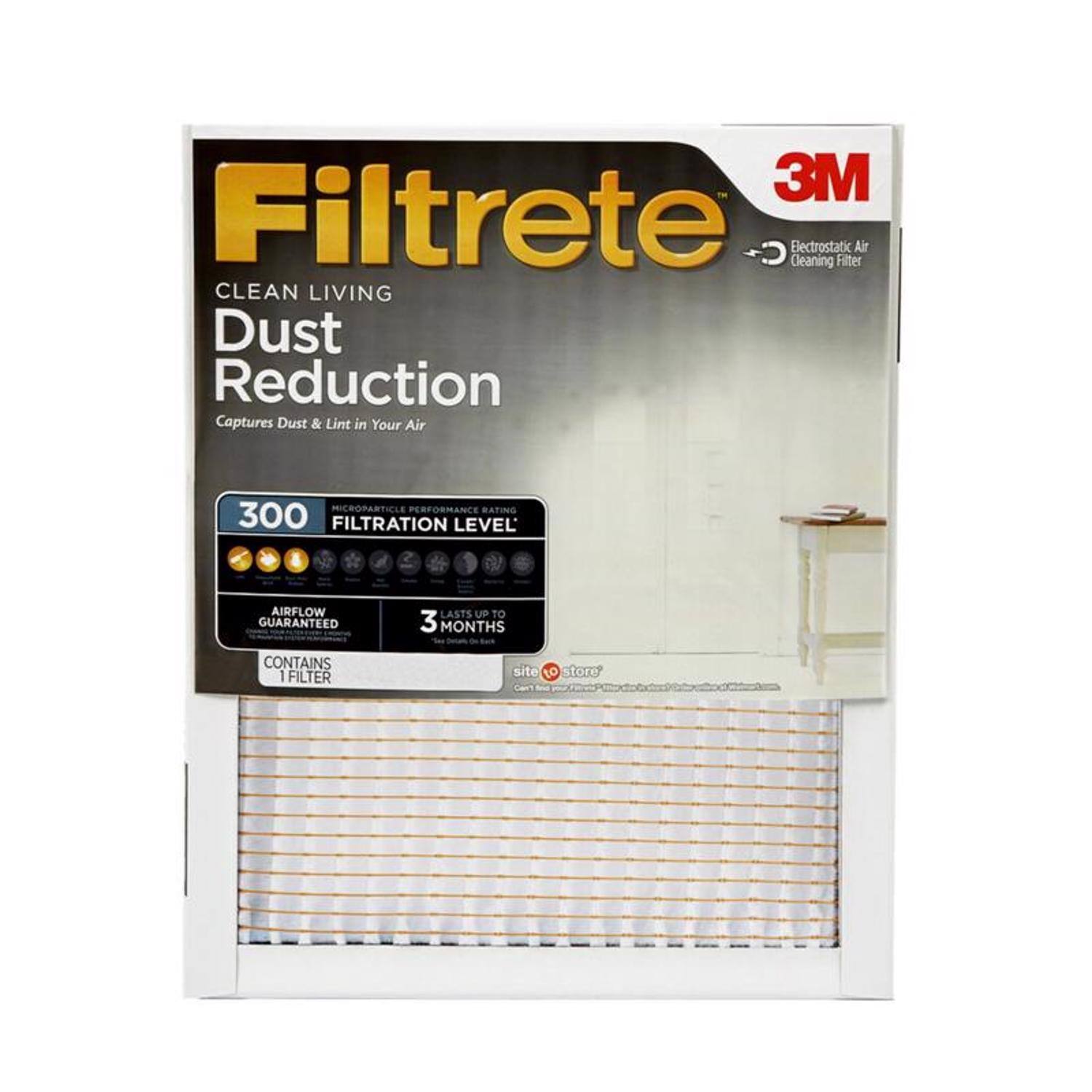 3M Filtrete Cleaning Electrostatic Filter Air CLEAN LIVING Dust Reduction Captures Dust & Lint in Your Air MICRO PARTICLE PERFORMANCE RATING 300 FILTRATION LEVEL AIRFLOW GUARANTEED LASTS UP TO 3 MONTHS CONTAINS 1 FILTER