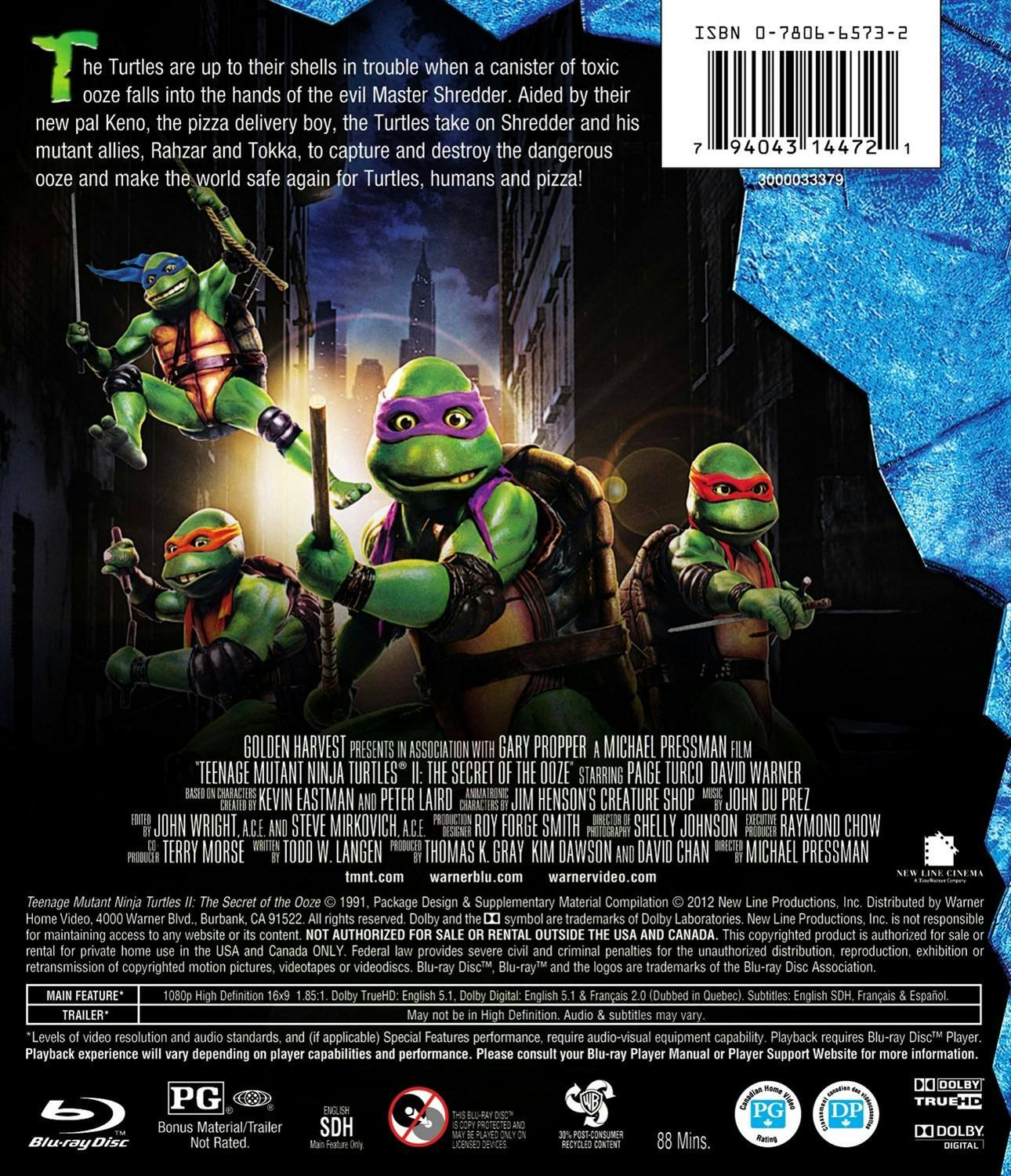 Back. Teenage Mutant Ninja Turtles 2 - The Secret of the Ooze [Blu-ray].