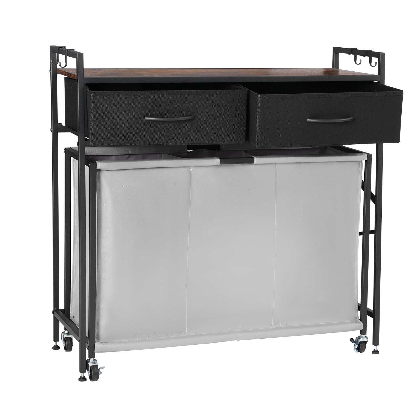 VEVOR - 3 Section Laundry Sorter, Rolling Laundry Hamper with 2 Drawers, Hooks & Wheels, Rolling Basket Organizer Storage - Black,Brown
